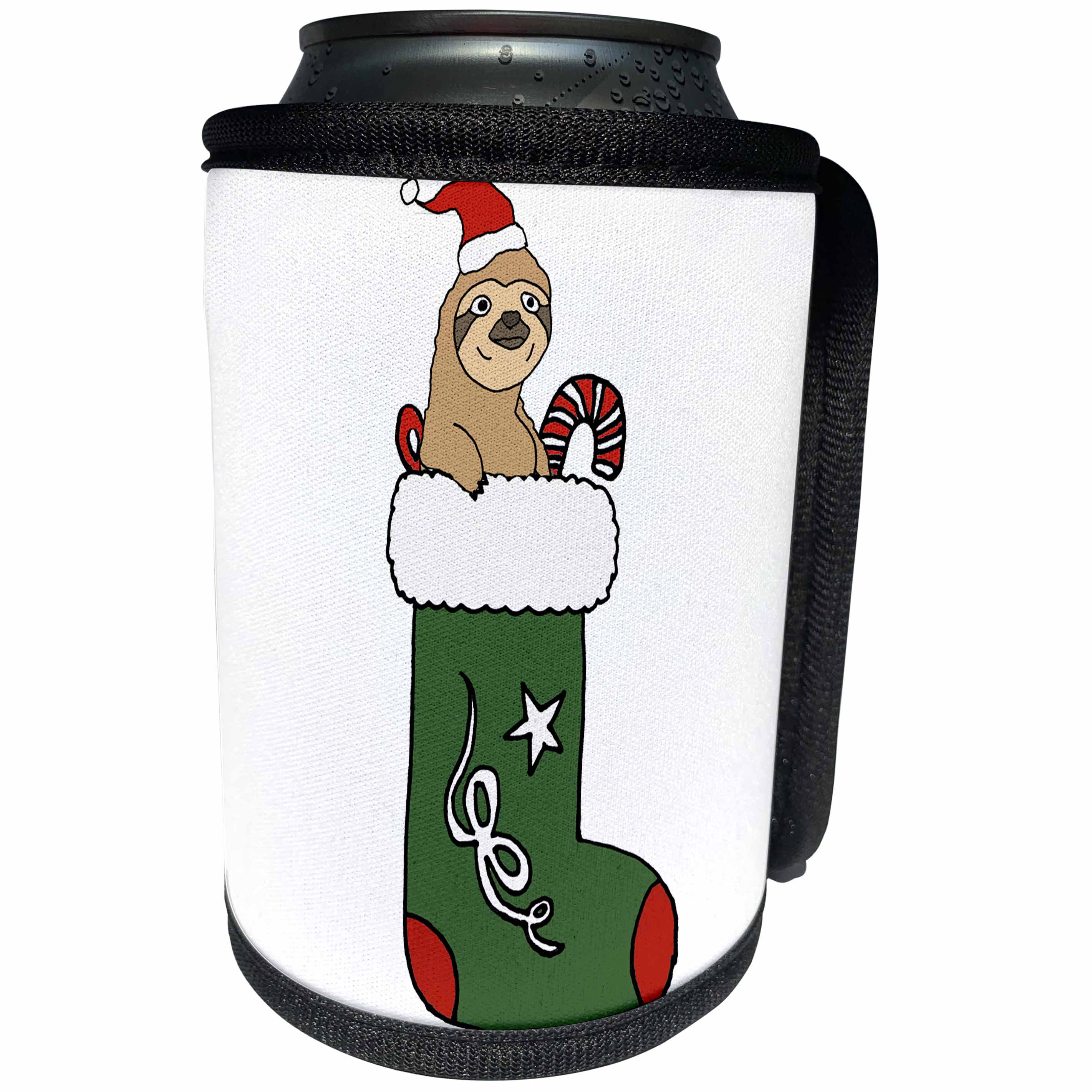 3dRose All Smiles Art Christmas - Funny Cool Sloth in a Christmas Stocking Cartoon - Can Cooler Bottle Wrap (cc_265099)