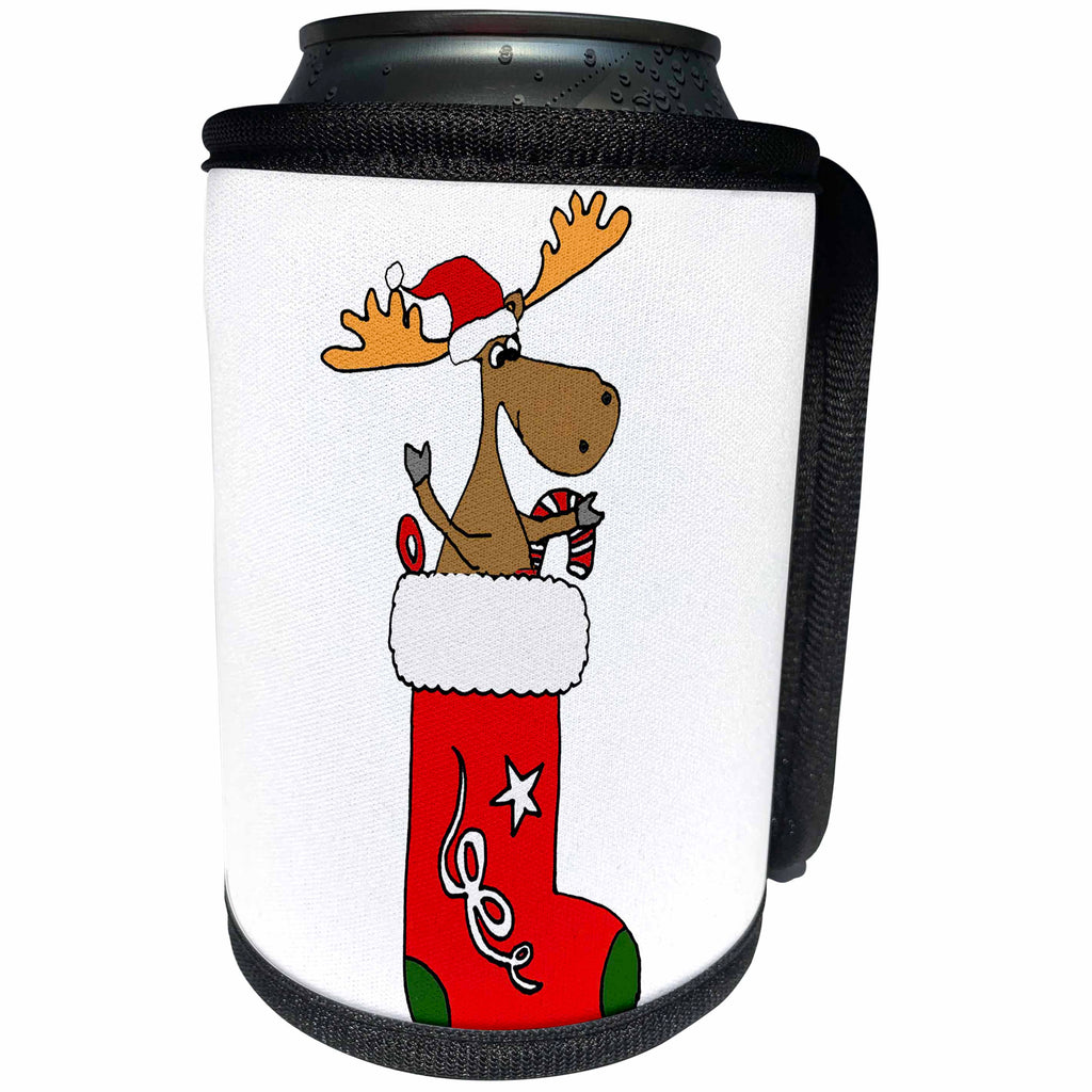 3dRose All Smiles Art Christmas - Funny Cool Moose in Christmas Stocking Cartoon - Can Cooler Bottle Wrap (cc_265103)