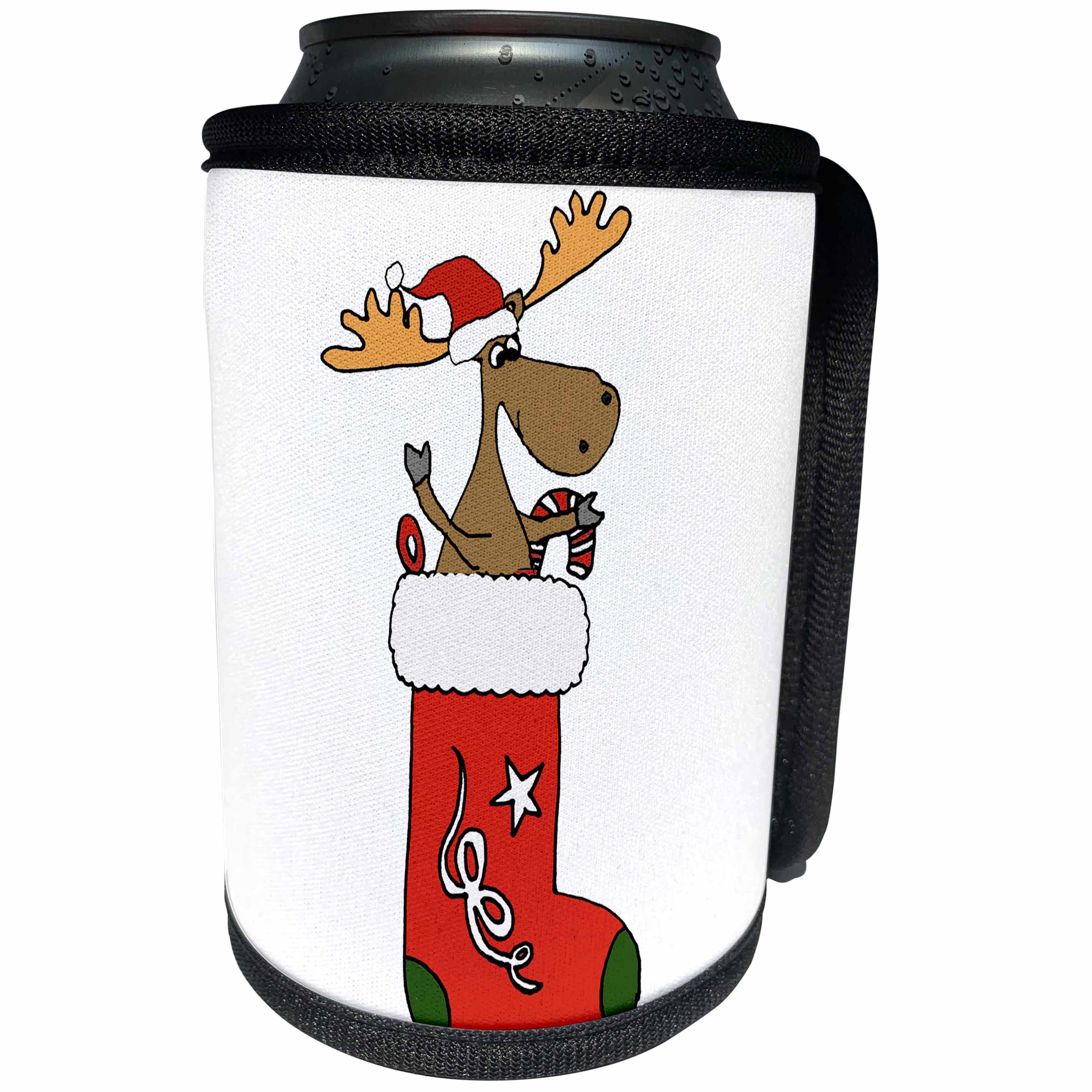 3dRose All Smiles Art Christmas - Funny Cool Moose in Christmas Stocking Cartoon - Can Cooler Bottle Wrap (cc_265103)