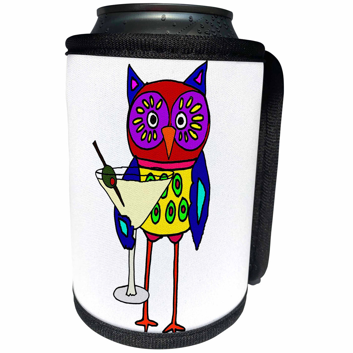 3dRose All Smiles Art Birds - Funny Cute Owl Drinking martini Cartoon - Can Cooler Bottle Wrap (cc_265107)