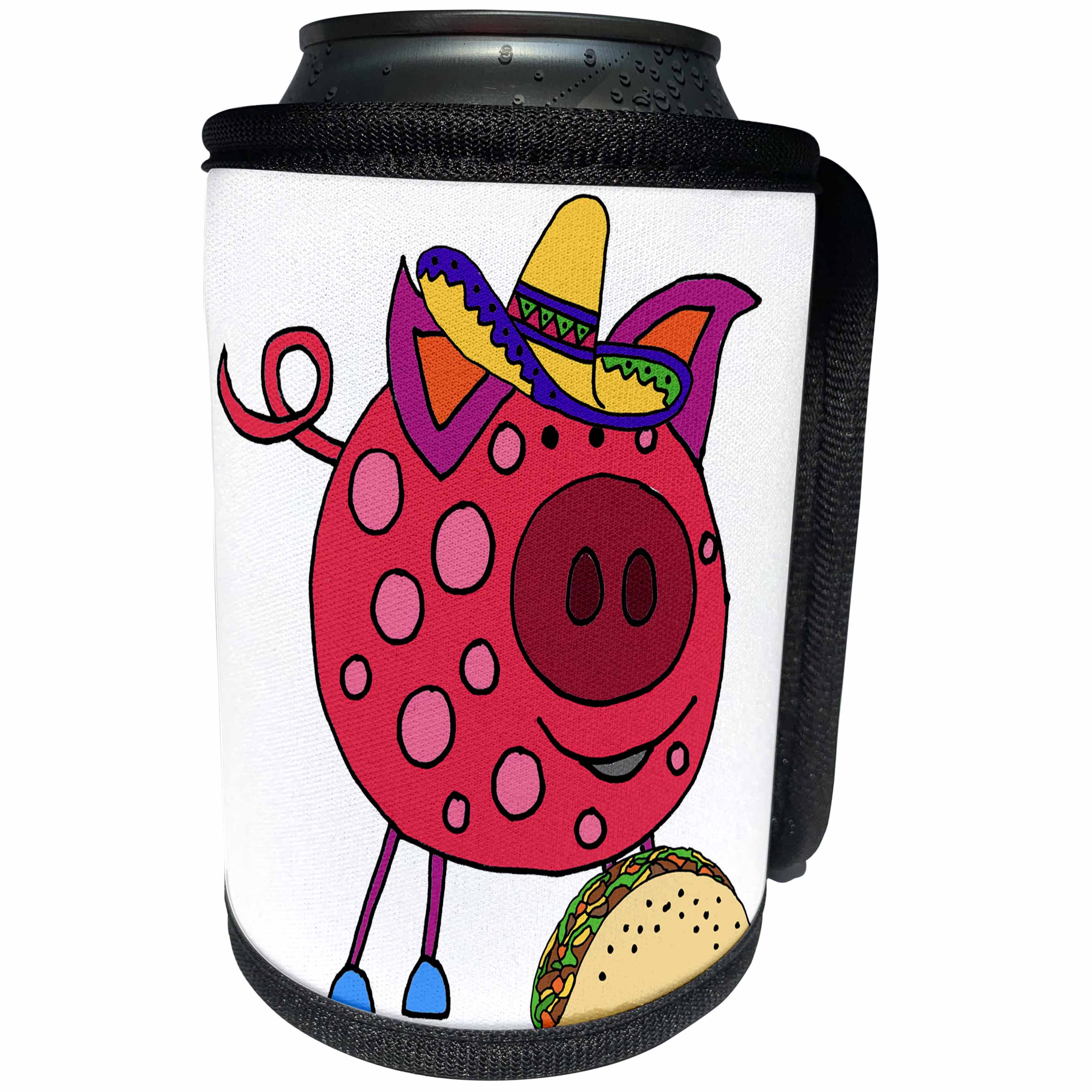 3dRose All Smiles Art Animals - Funny Cute Pink Pig in Sombrero eating Taco Cartoon - Can Cooler Bottle Wrap (cc_265118)