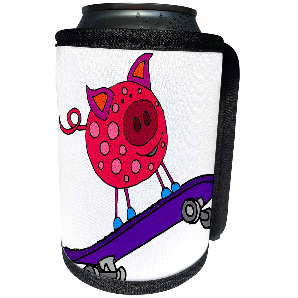 3dRose All Smiles Art Sports and Hobbies - Funny Cute Pink Pig on Skateboard cartoon - Can Cooler Bottle Wrap (cc_265119)