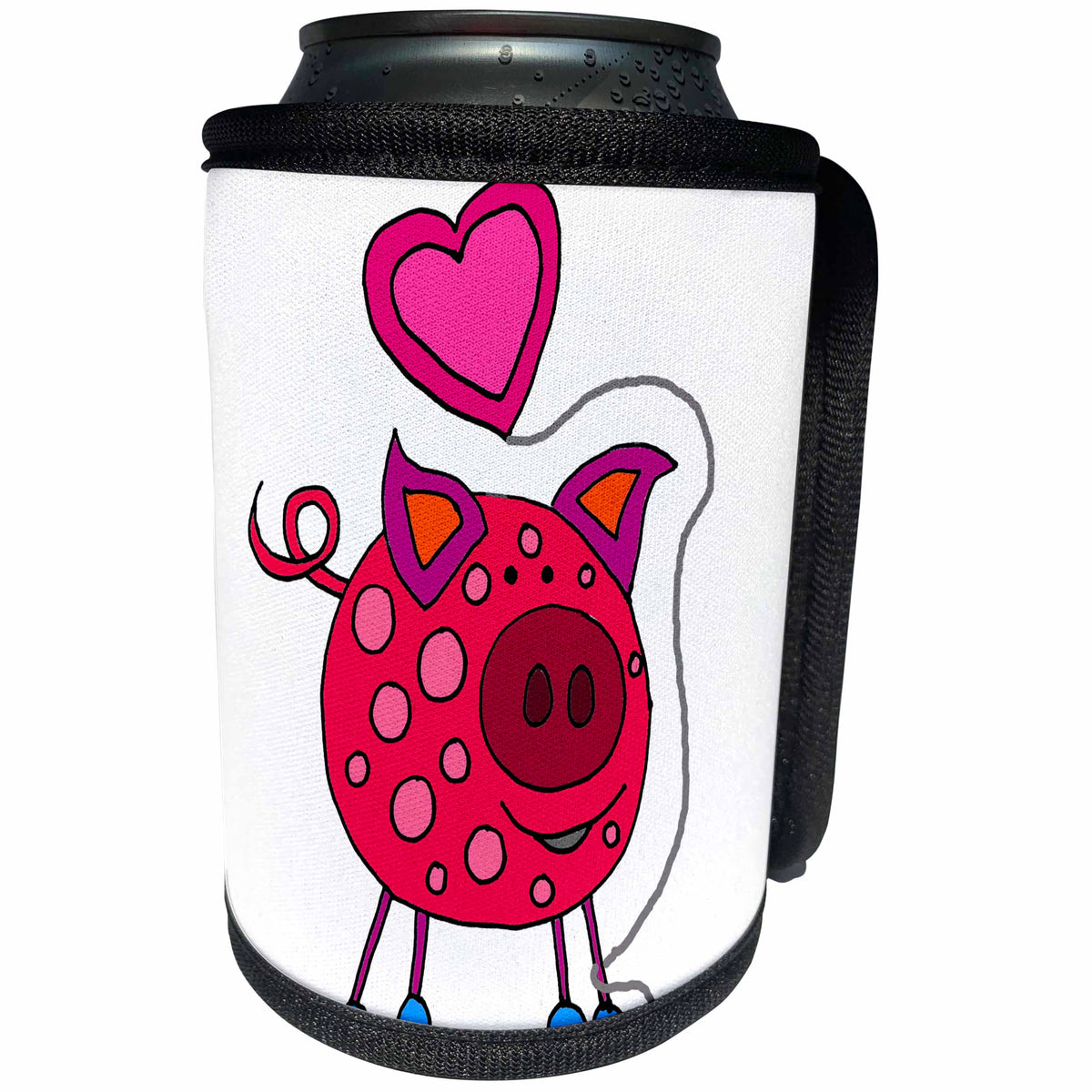 3dRose All Smiles Art Love - Cute Funny Pink Pig with Heart Shaped Love Balloon - Can Cooler Bottle Wrap (cc_265120)