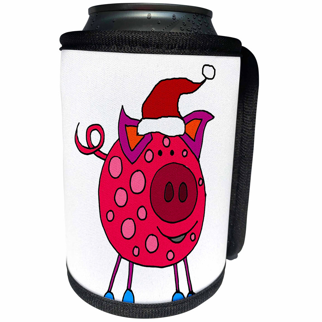3dRose All Smiles Art Christmas - Funny Cute Pink Pig in Santa Hat Christmas Cartoon - Can Cooler Bottle Wrap (cc_265121)
