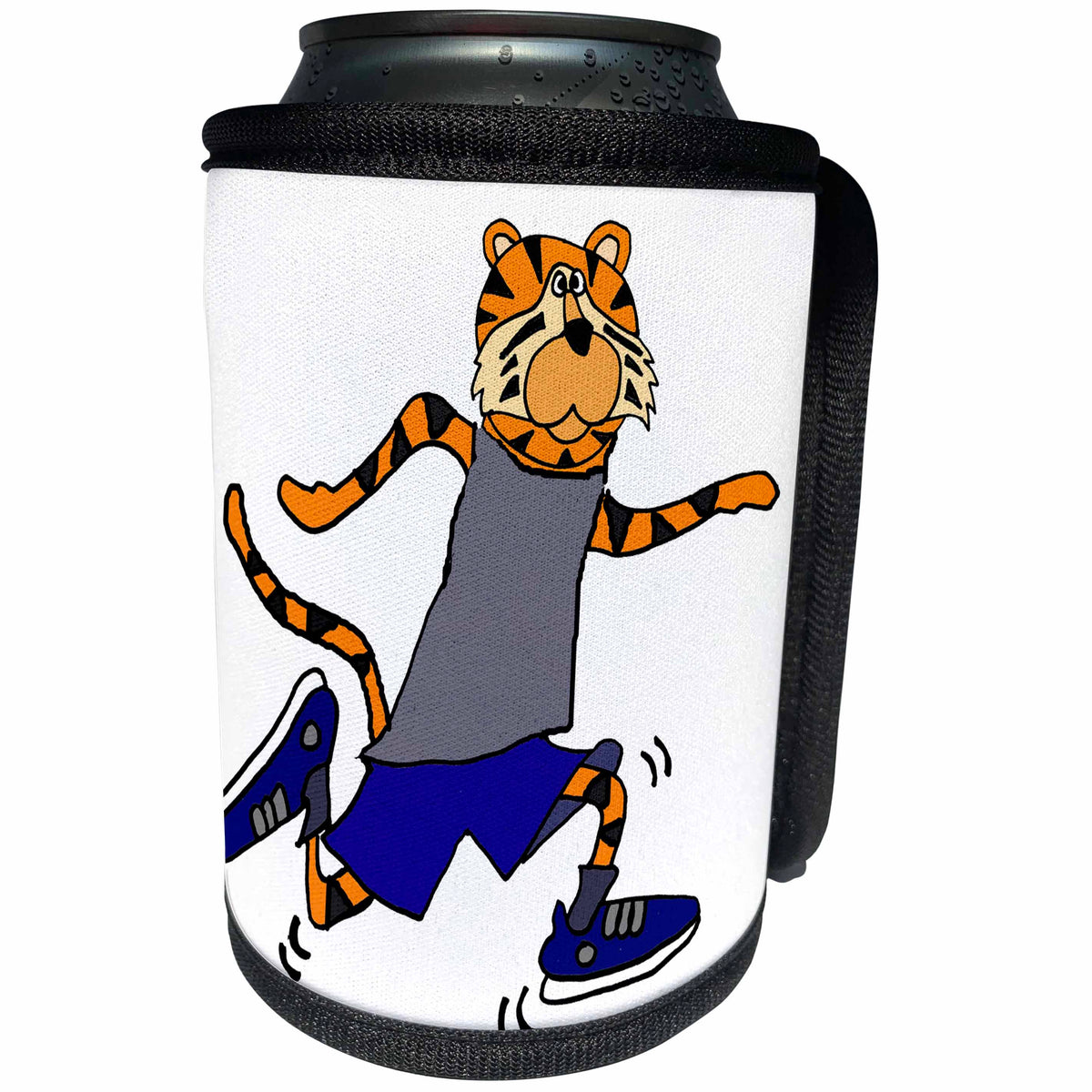 3dRose All Smiles Art Sports and Hobbies - Funny Cool Tiger Running or Jogging Cartoon - Can Cooler Bottle Wrap (cc_265124)