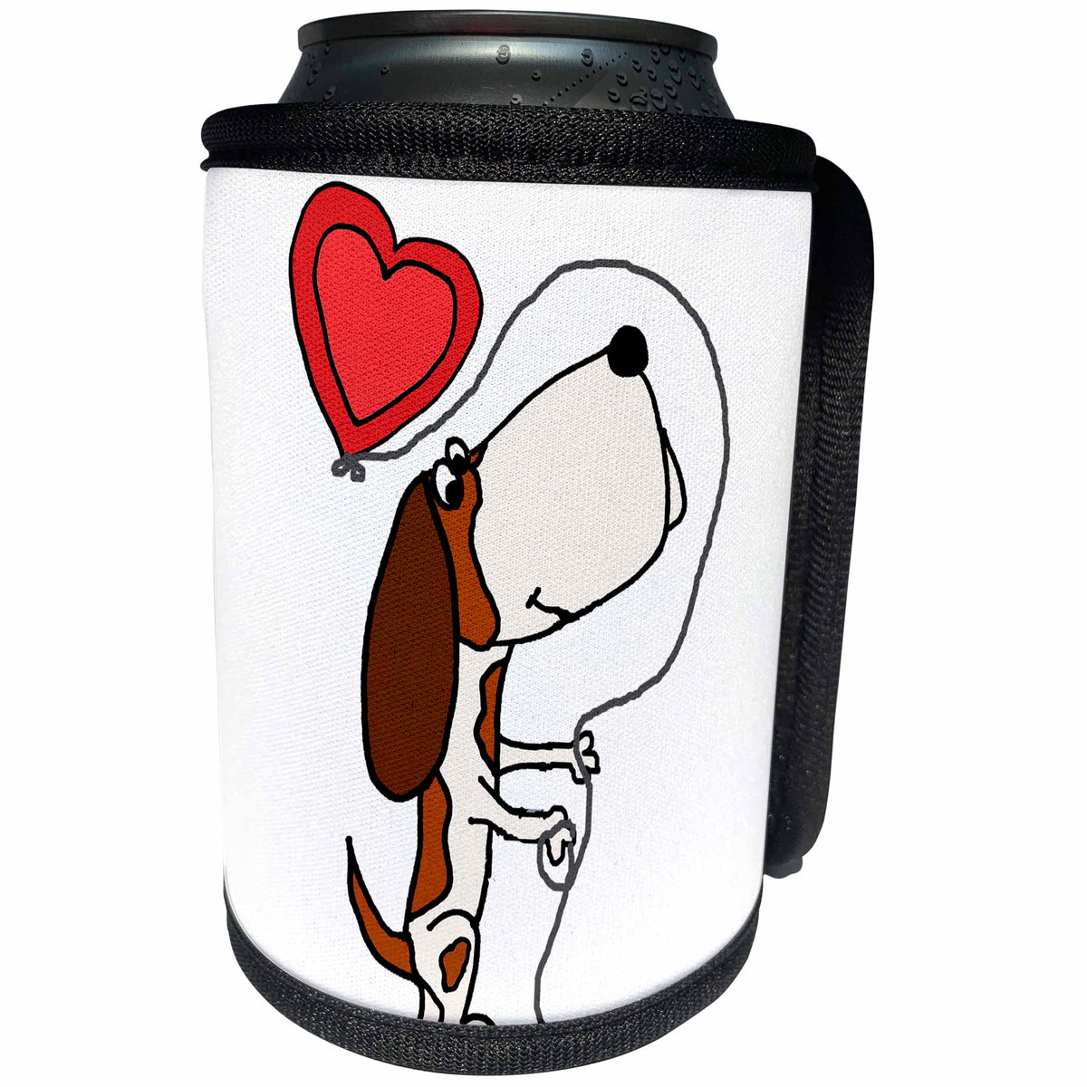 3dRose All Smiles Art Pets - Cute Funny Basset Hound Dog with Heart Love Balloon Cartoon - Can Cooler Bottle Wrap (cc_265129)