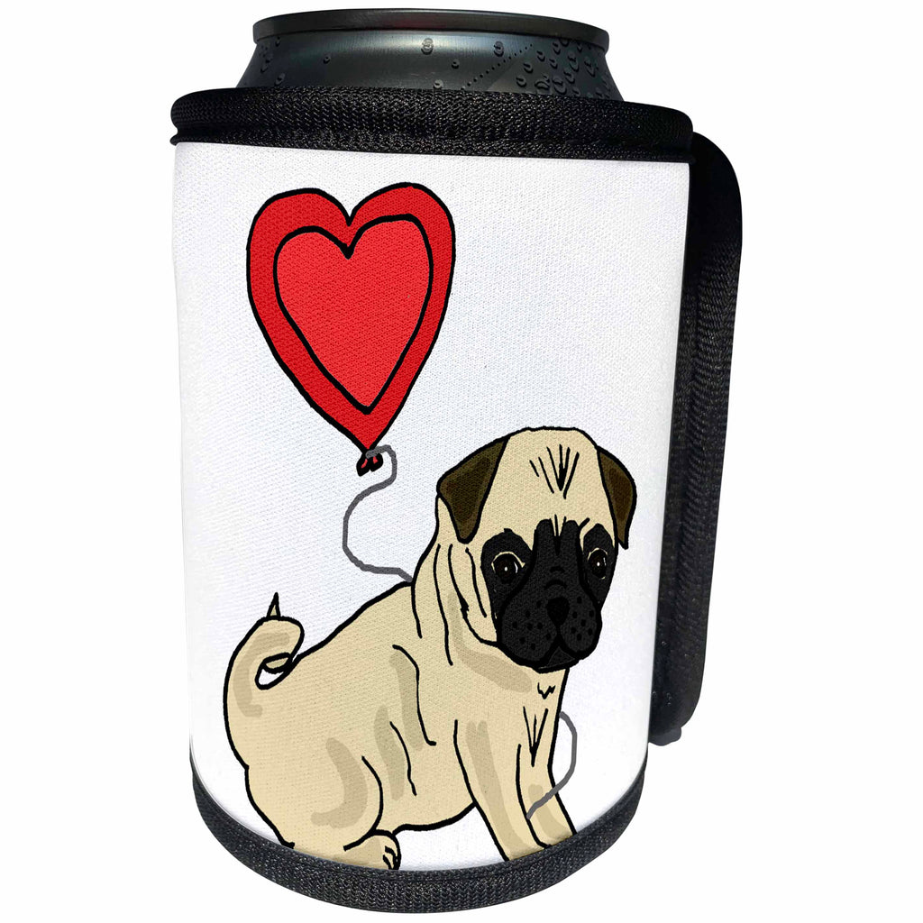 3dRose All Smiles Art Pets - Funny Cute Pug Puppy Dog with Heart Shaped Love balloon - Can Cooler Bottle Wrap (cc_265131)