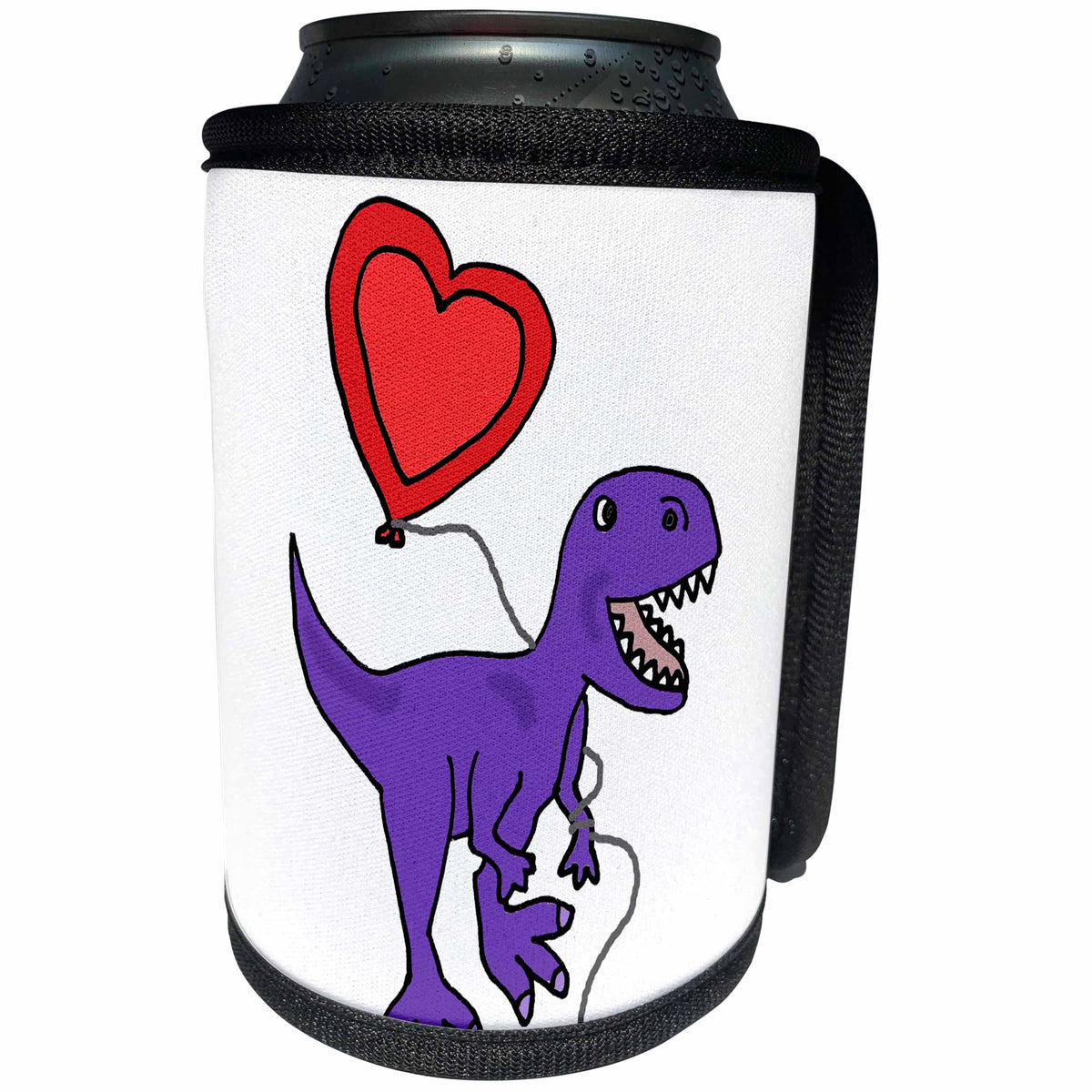 3dRose All Smiles Art Dinosaurs - Funny Cool T-rex Dinosaur with Heart Shaped Love balloon - Can Cooler Bottle Wrap (cc_265136)