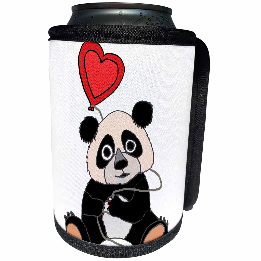 3dRose All Smiles Art Love - Cute Funny Panda Bear with Heart Shaped Love Balloon Cartoon - Can Cooler Bottle Wrap (cc_265138)