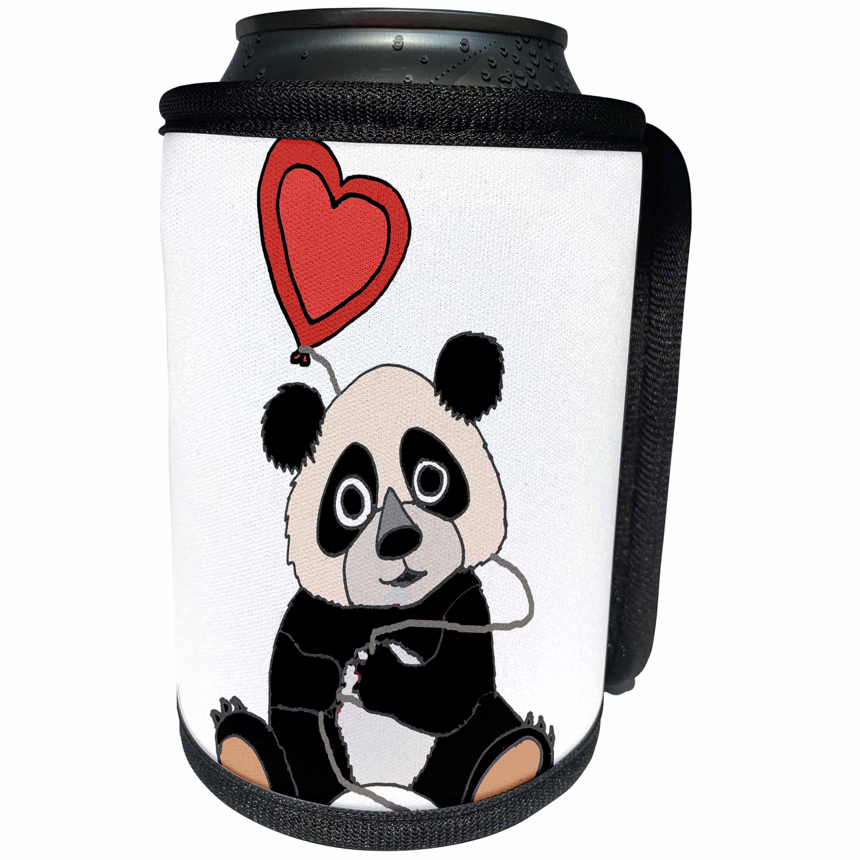 3dRose All Smiles Art Love - Cute Funny Panda Bear with Heart Shaped Love Balloon Cartoon - Can Cooler Bottle Wrap (cc_265138)