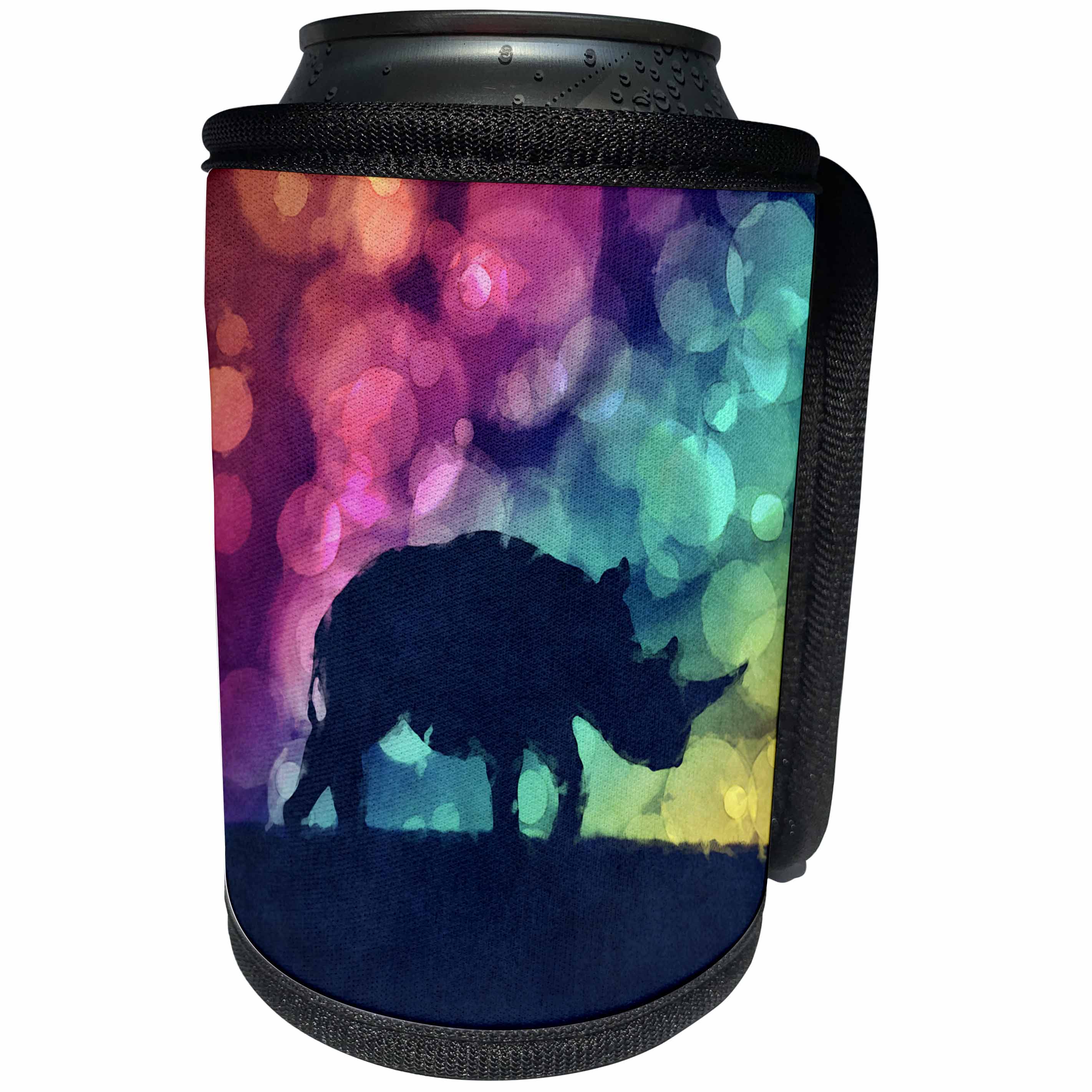 3dRose Phil Perkins - Animals - Pop Art Bokeh Circles With Rhinoceros - Can Cooler Bottle Wrap (cc_265144)