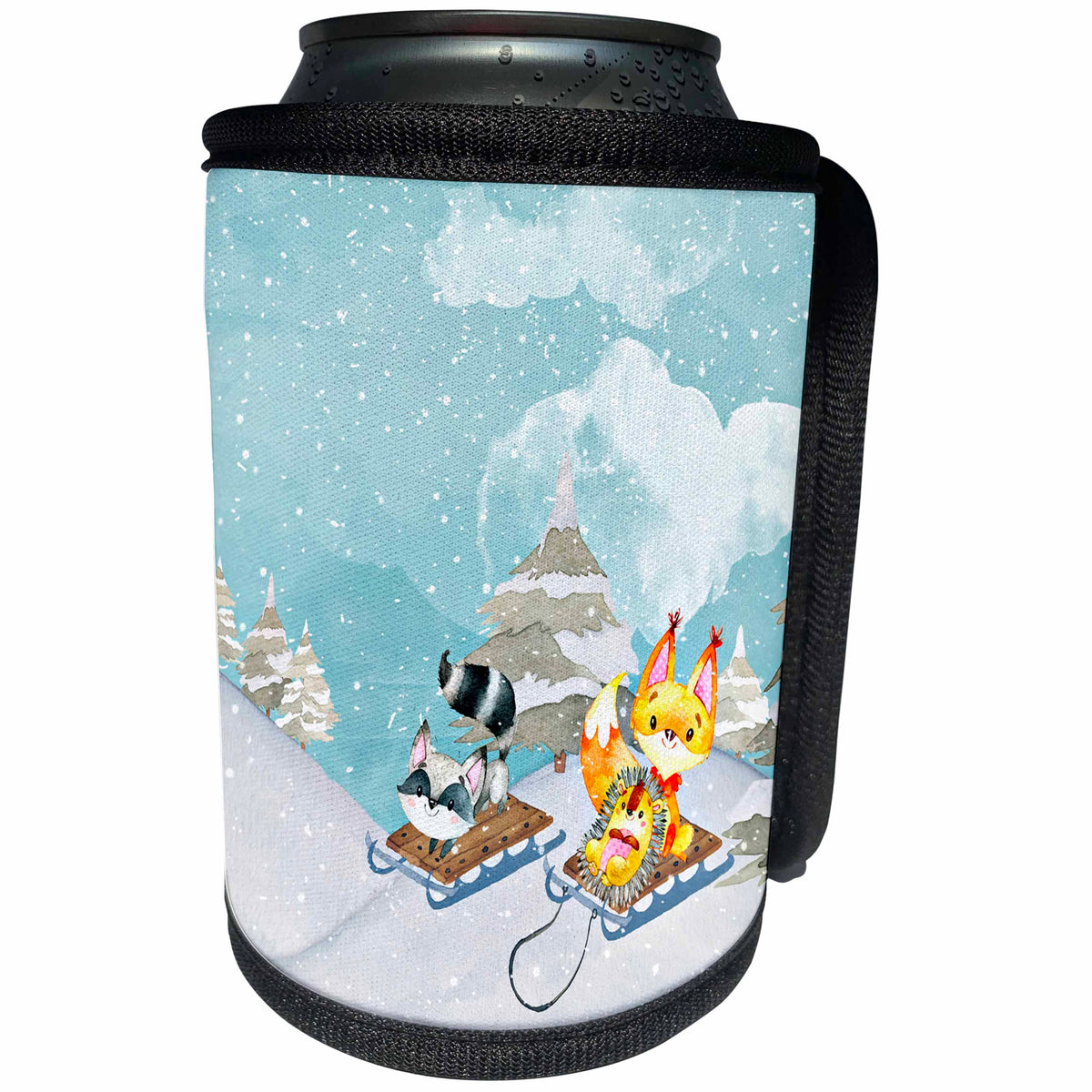 3dRose Uta Naumann Watercolor Animal Illustration - Woodland Friends in Winter-Fox and Hedgehog are Sledding - Can Cooler Bottle Wrap (cc_265378)