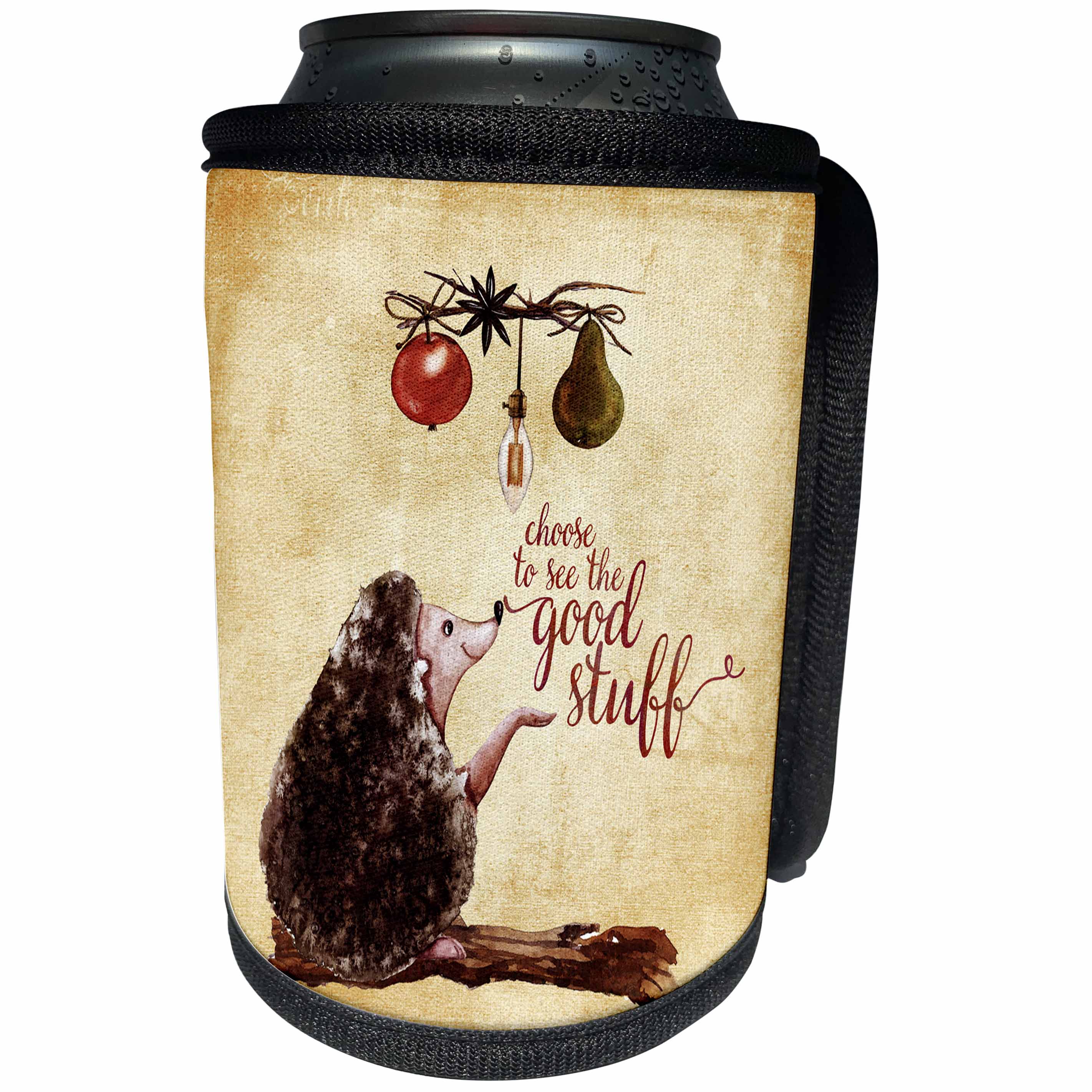 3dRose Uta Naumann Watercolor Animal Illustration - Autumnal Good Stuff Quote and Fruits Animal Illustration-Hedgehog - Can Cooler Bottle Wrap (cc_265390)