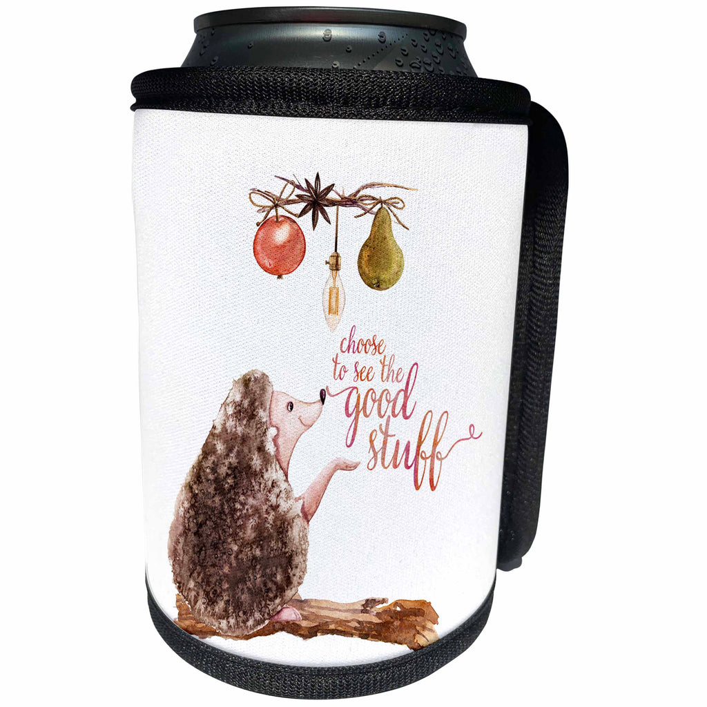 3dRose Uta Naumann Watercolor Animal Illustration - Autumn Good Stuff Quote and Fruits Animal White Illustration-Hedgehog - Can Cooler Bottle Wrap (cc_265391)