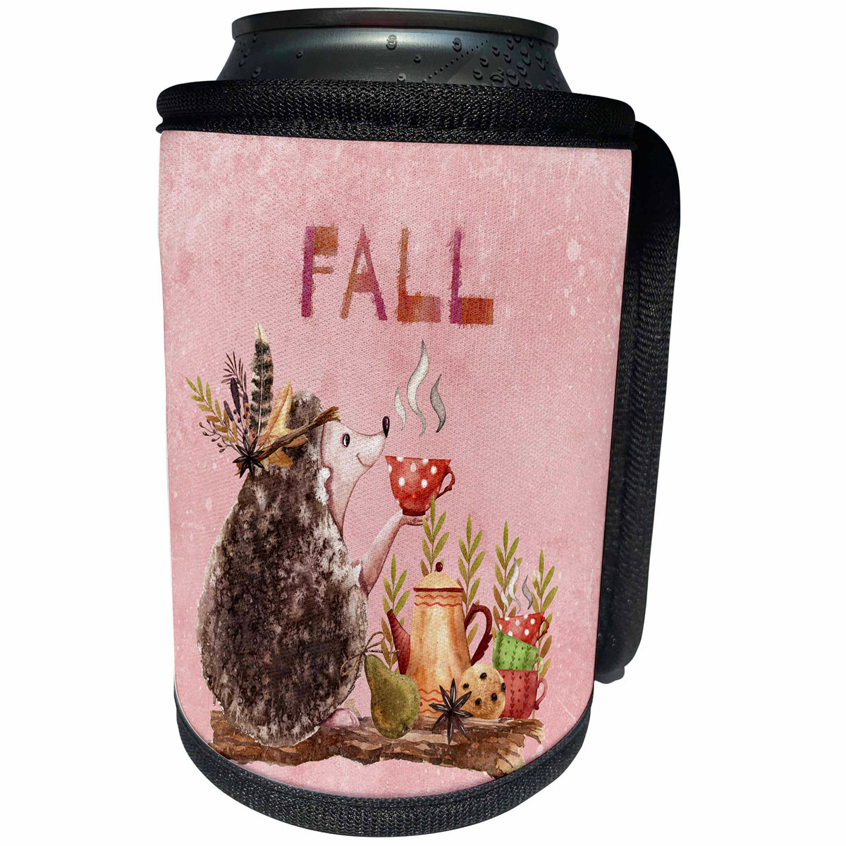 3dRose Uta Naumann Watercolor Animal Illustration - Autumn Fall Quote and Fruits Tea Animal Pink Illustration-Hedgehog - Can Cooler Bottle Wrap (cc_265392)