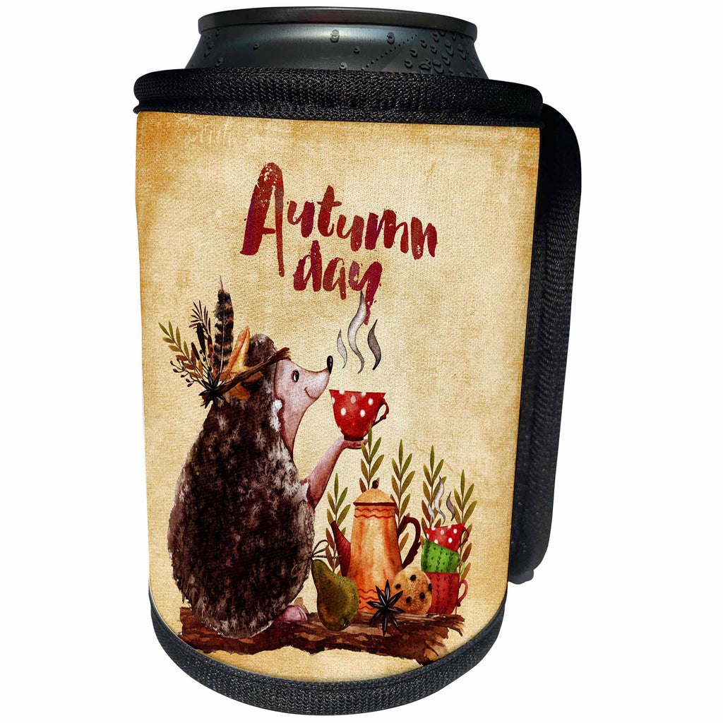 3dRose Uta Naumann Watercolor Animal Illustration - Autumn Day Quote and Fruits Tea Animal Orange Illustration-Hedgehog - Can Cooler Bottle Wrap (cc_265396)