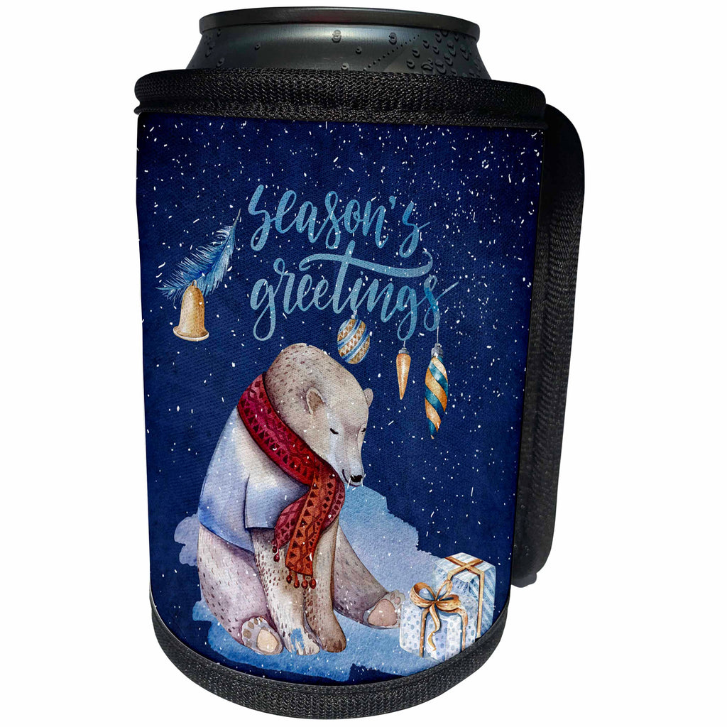 3dRose Uta Naumann Watercolor Merry Christmas - Season Greetings Christmas Animal Polar Bear Night Illustration - Can Cooler Bottle Wrap (cc_265403)