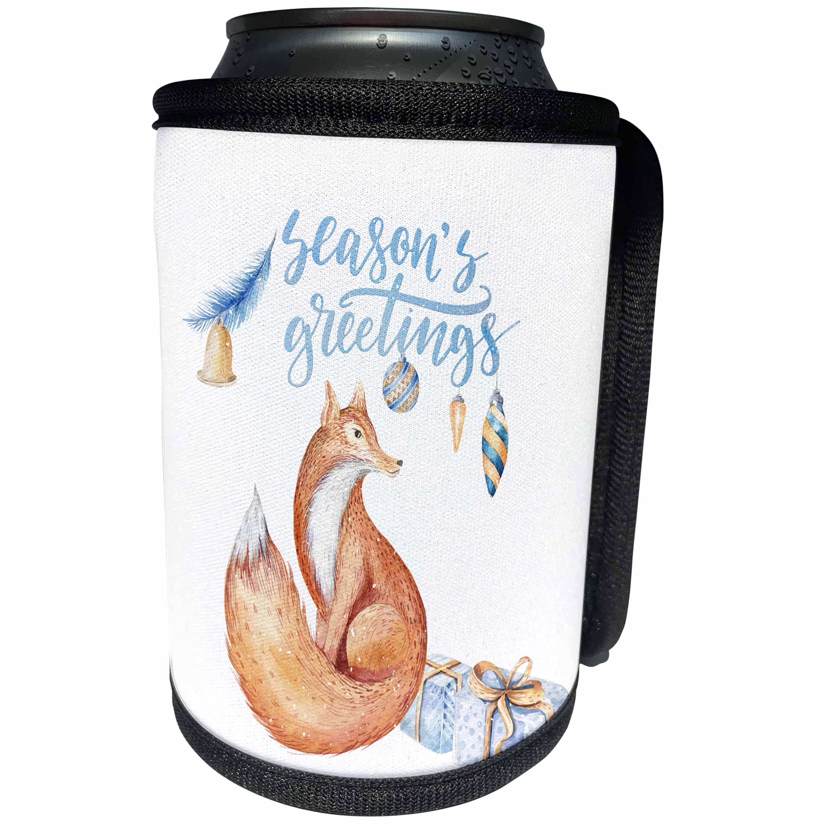 3dRose Uta Naumann Watercolor Merry Christmas - Season Greetings Christmas Animal Winter Fox White Illustration - Can Cooler Bottle Wrap (cc_265407)