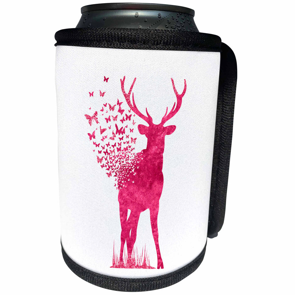 3dRose Uta Naumann Watercolor Merry Christmas - Sparkle Shiny Pink Metal Foil Deer with Flying Butterflies - Can Cooler Bottle Wrap (cc_265408)