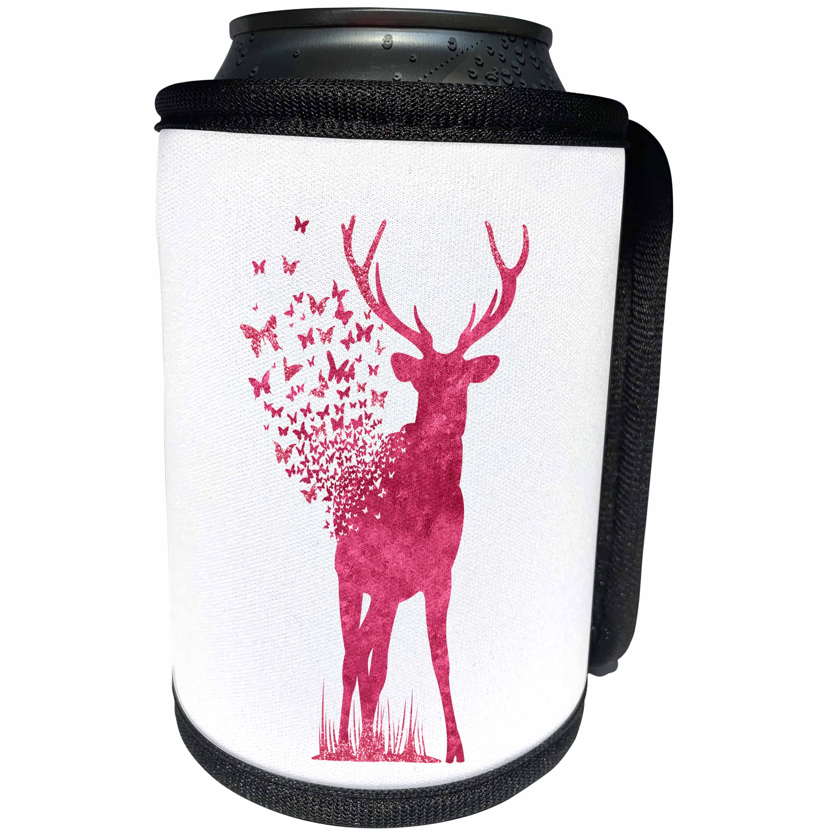 3dRose Uta Naumann Watercolor Merry Christmas - Sparkle Shiny Pink Metal Foil Deer with Flying Butterflies - Can Cooler Bottle Wrap (cc_265408)