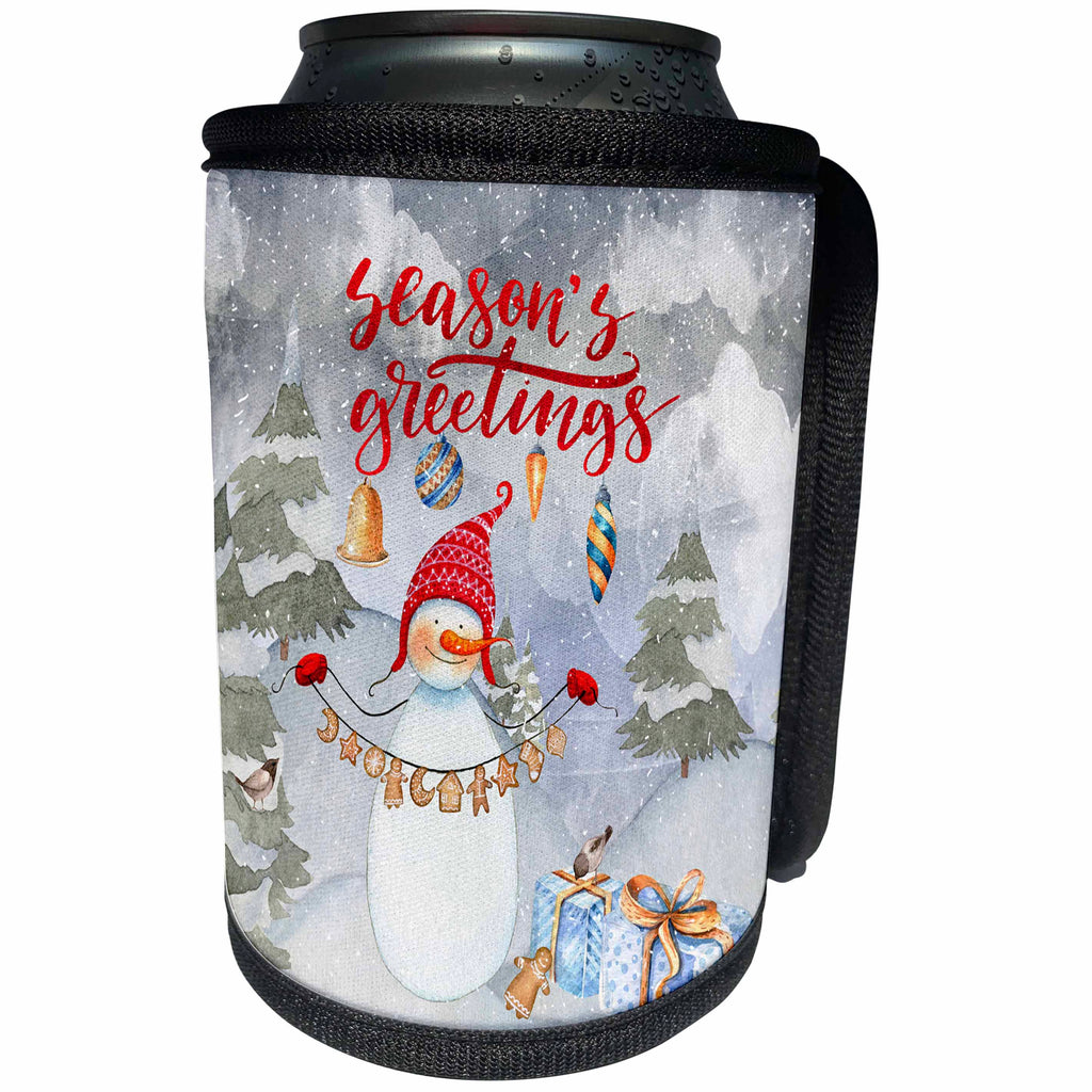 3dRose Uta Naumann Watercolor Merry Christmas - Season Greetings Christmas Snowman and Bird Winter Illustration - Can Cooler Bottle Wrap (cc_265414)
