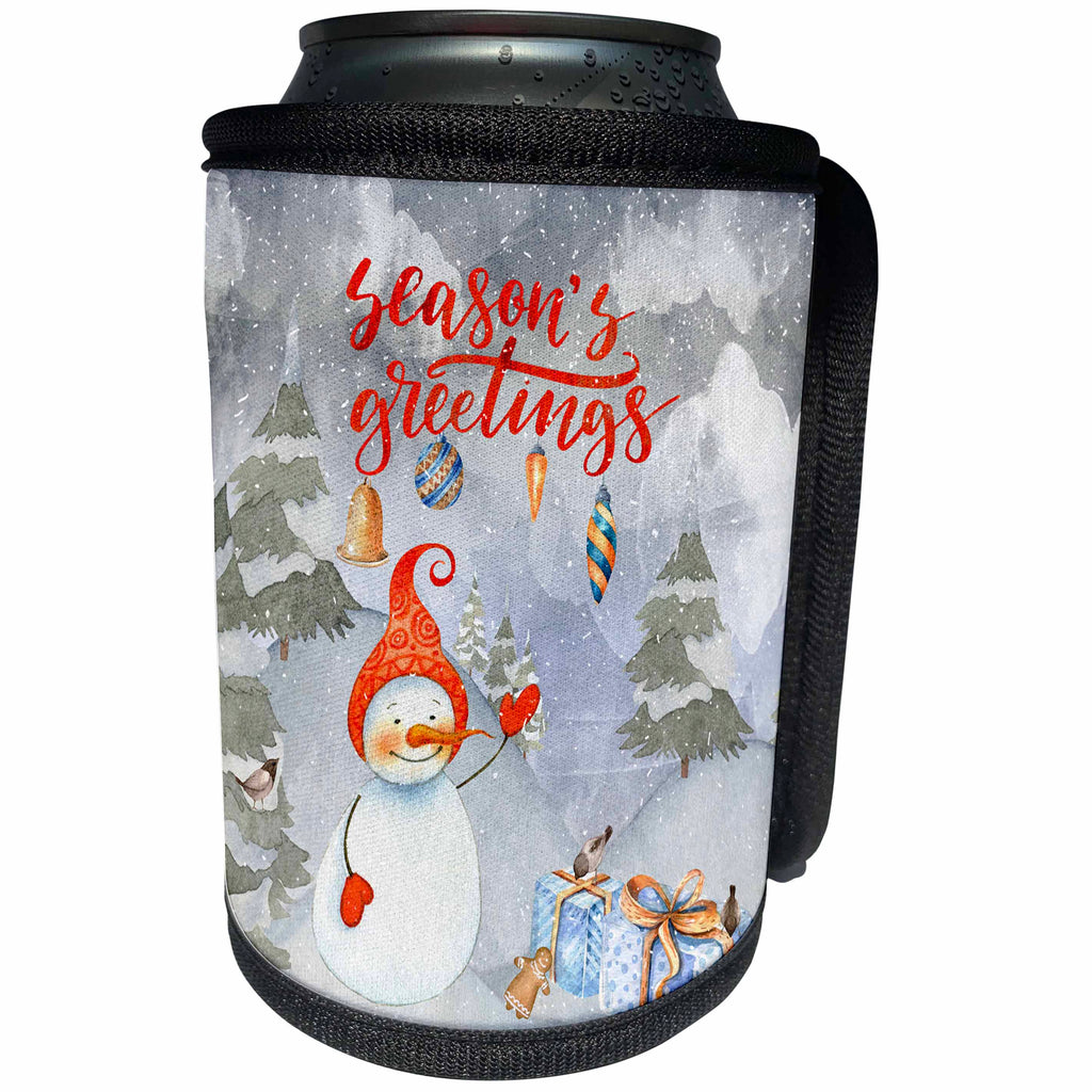 3dRose Uta Naumann Watercolor Merry Christmas - Season Greetings Christmas Snowman and little Bird Winter Illustration - Can Cooler Bottle Wrap (cc_265415)
