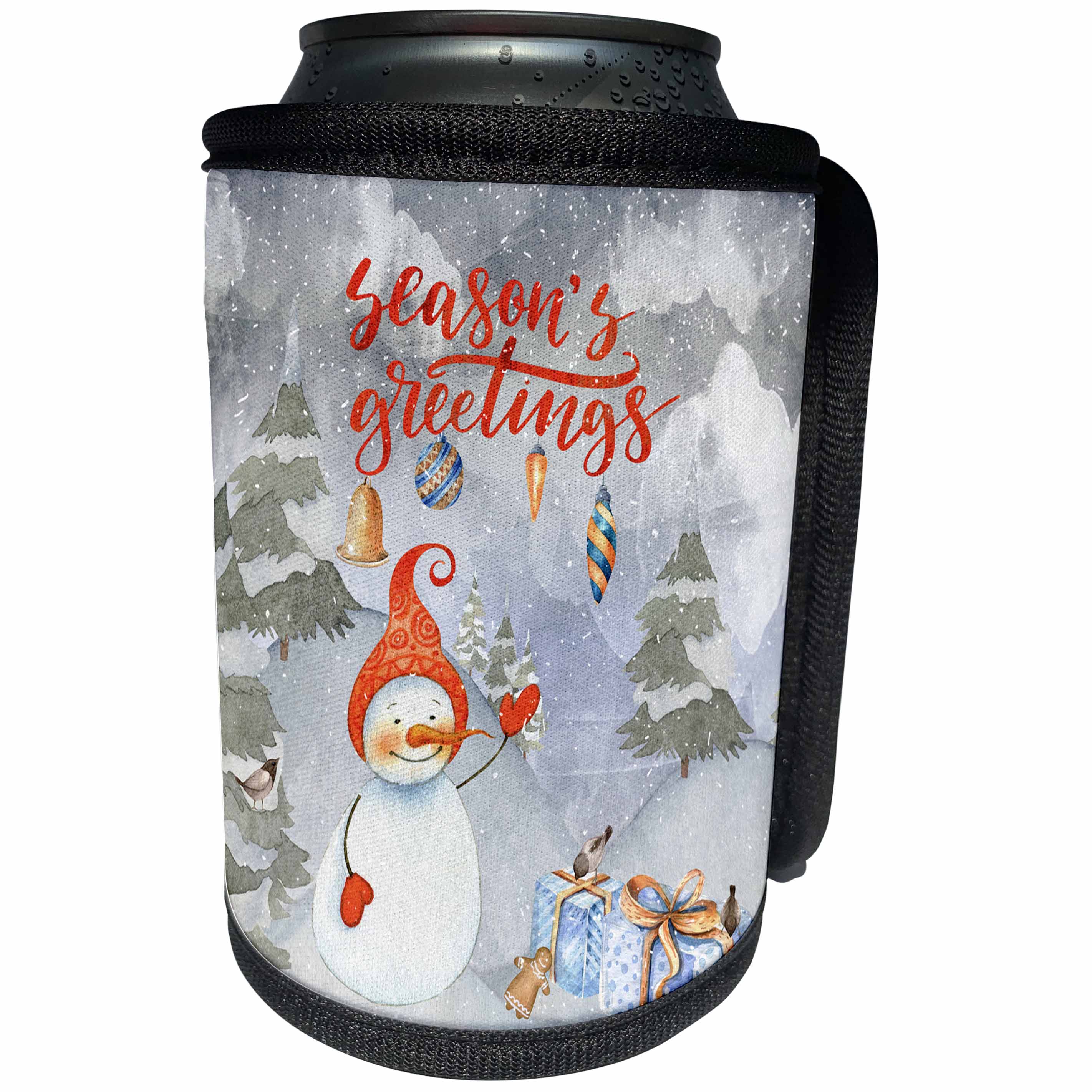 3dRose Uta Naumann Watercolor Merry Christmas - Season Greetings Christmas Snowman and little Bird Winter Illustration - Can Cooler Bottle Wrap (cc_265415)