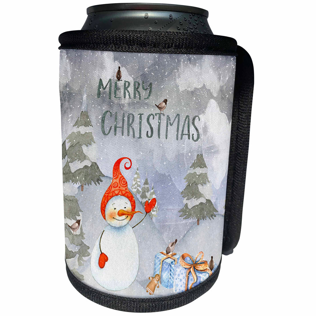 3dRose Uta Naumann Watercolor Merry Christmas - Merry Christmas Snowman and little Bird Winter Illustration - Can Cooler Bottle Wrap (cc_265417)