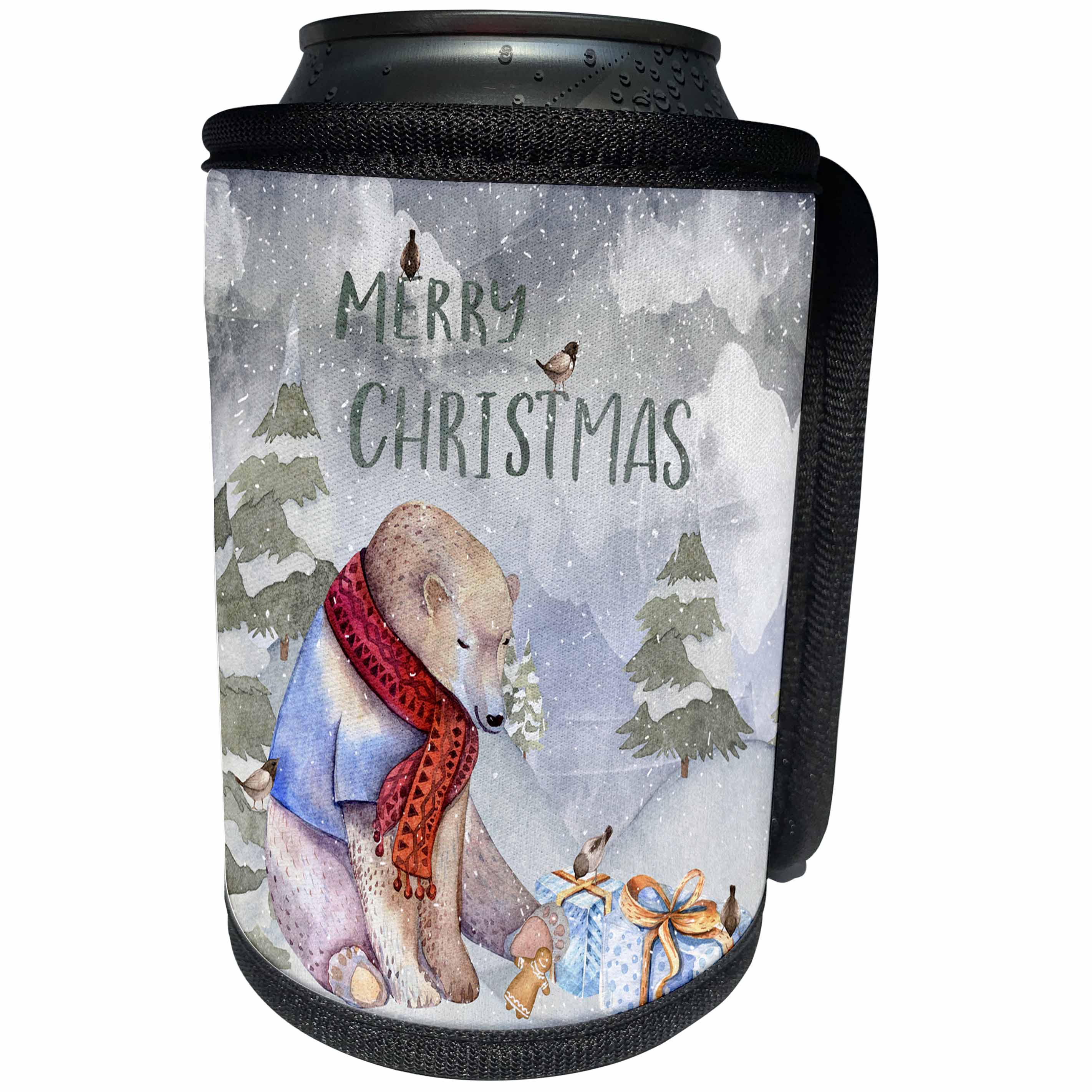 3dRose Uta Naumann Watercolor Merry Christmas - Merry Christmas Polar Bear and little Bird Winter Illustration - Can Cooler Bottle Wrap (cc_265418)