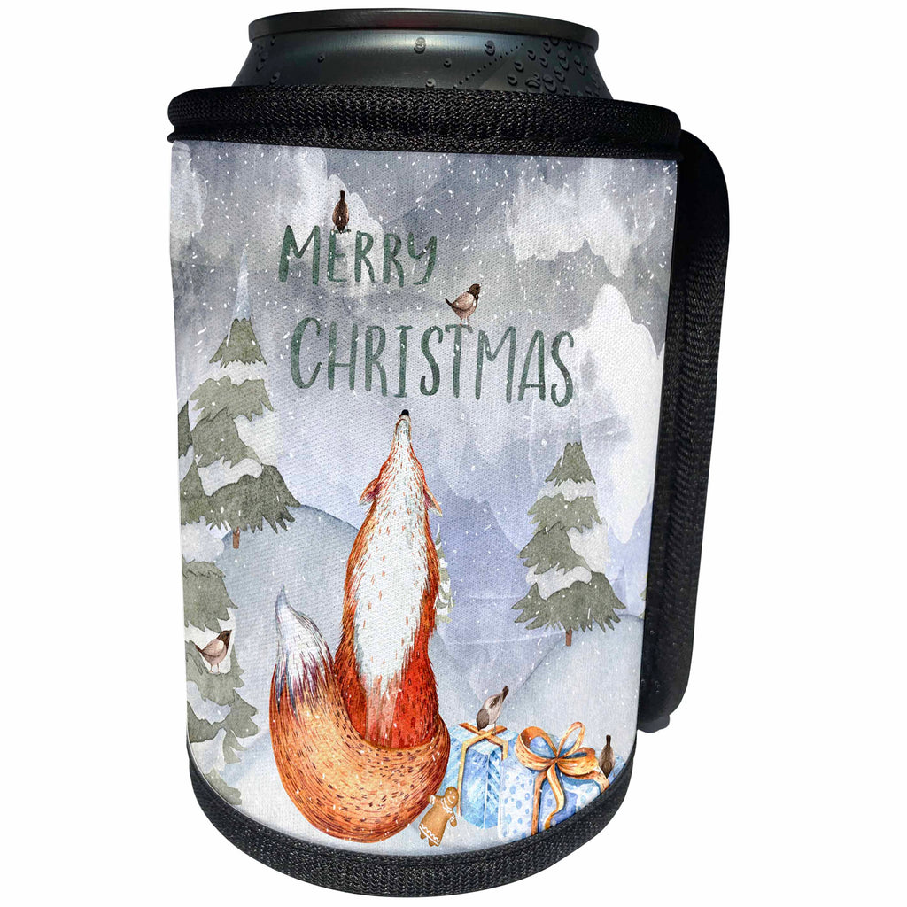 3dRose Uta Naumann Watercolor Merry Christmas - Merry Christmas Nosy Fox and little Bird Winter Illustration - Can Cooler Bottle Wrap (cc_265420)