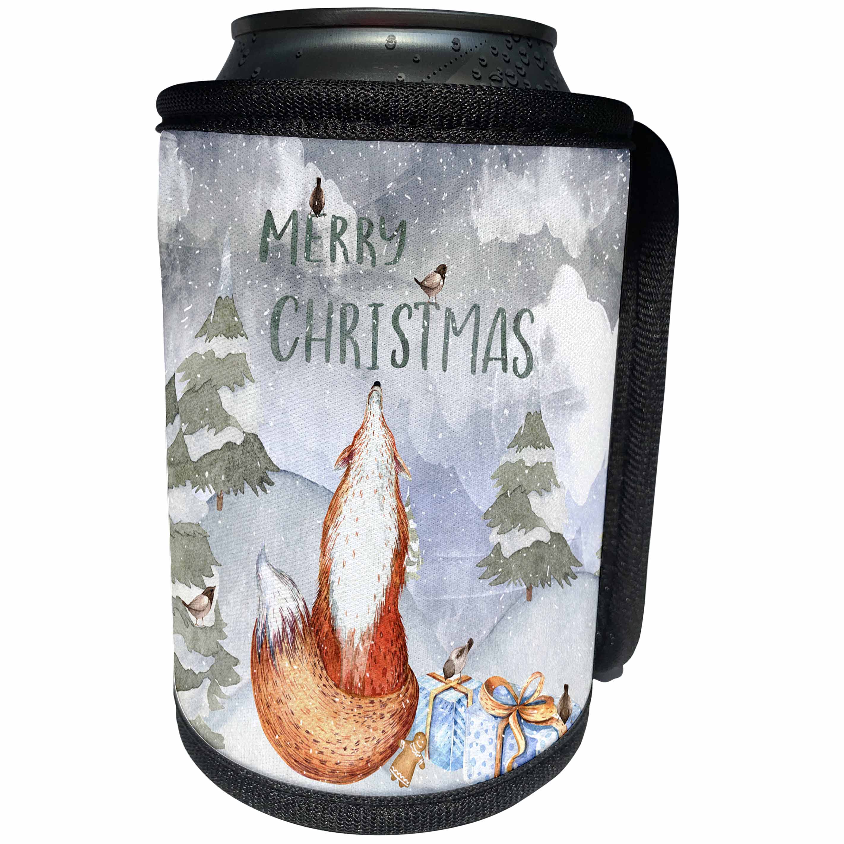 3dRose Uta Naumann Watercolor Merry Christmas - Merry Christmas Nosy Fox and little Bird Winter Illustration - Can Cooler Bottle Wrap (cc_265420)
