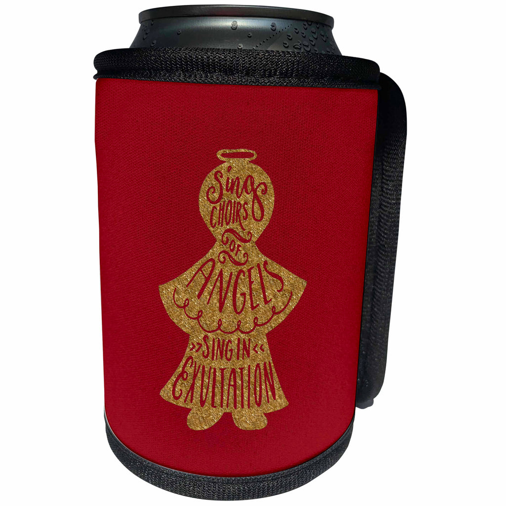 3dRose Uta Naumann Watercolor Merry Christmas - Red and Gold Christmas Angel Ornament and Saying- Choirs of Angels - Can Cooler Bottle Wrap (cc_265424)