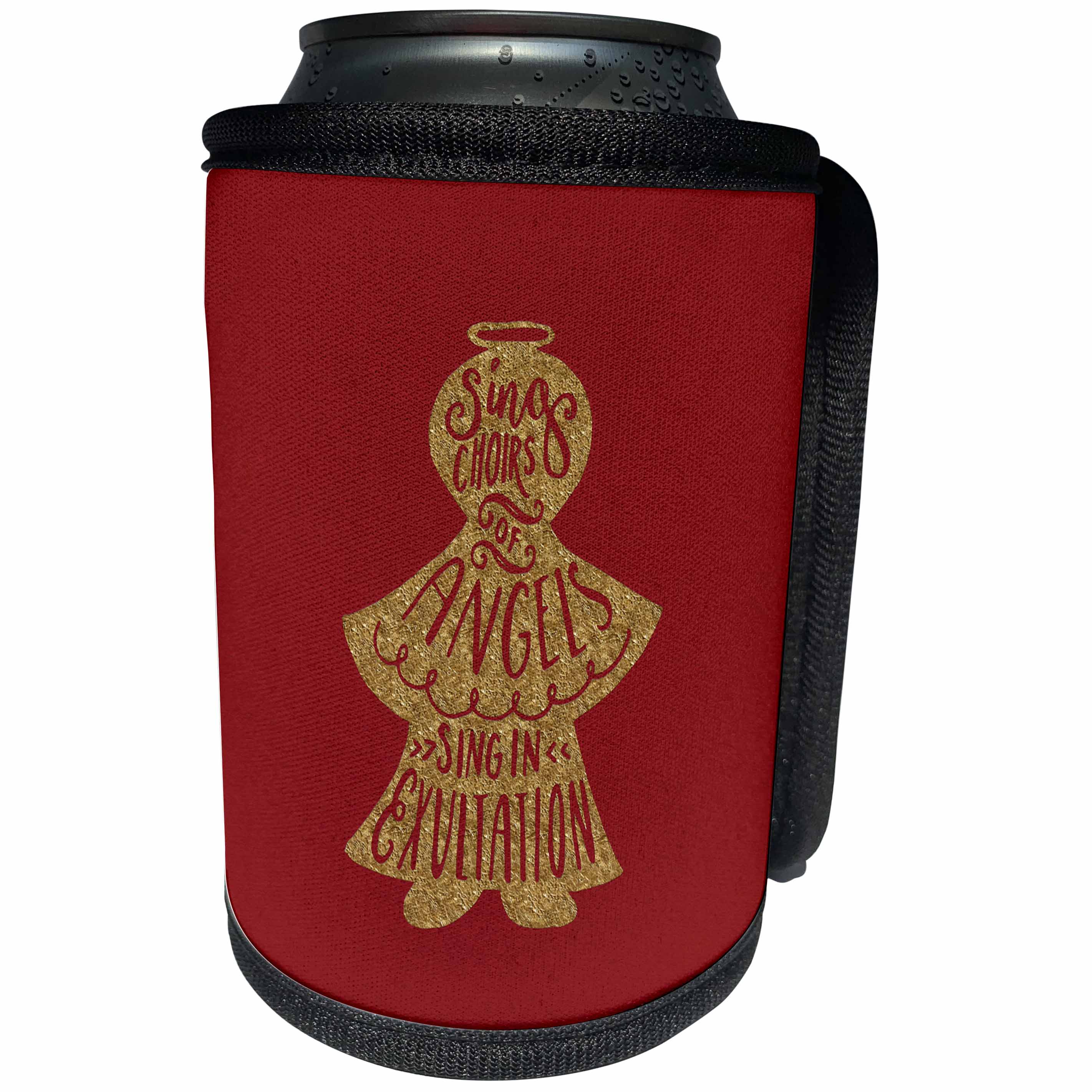 3dRose Uta Naumann Watercolor Merry Christmas - Red and Gold Christmas Angel Ornament and Saying- Choirs of Angels - Can Cooler Bottle Wrap (cc_265424)