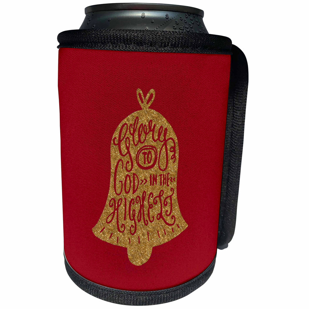 3dRose Uta Naumann Watercolor Merry Christmas - Festive Red and Gold Christmas Bell Ornament and Saying- Glory of God - Can Cooler Bottle Wrap (cc_265425)