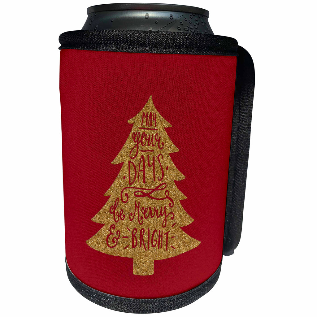 3dRose Uta Naumann Watercolor Merry Christmas - Red and Gold Christmas Tree Ornament and Saying-Days Merry and Bright - Can Cooler Bottle Wrap (cc_265426)