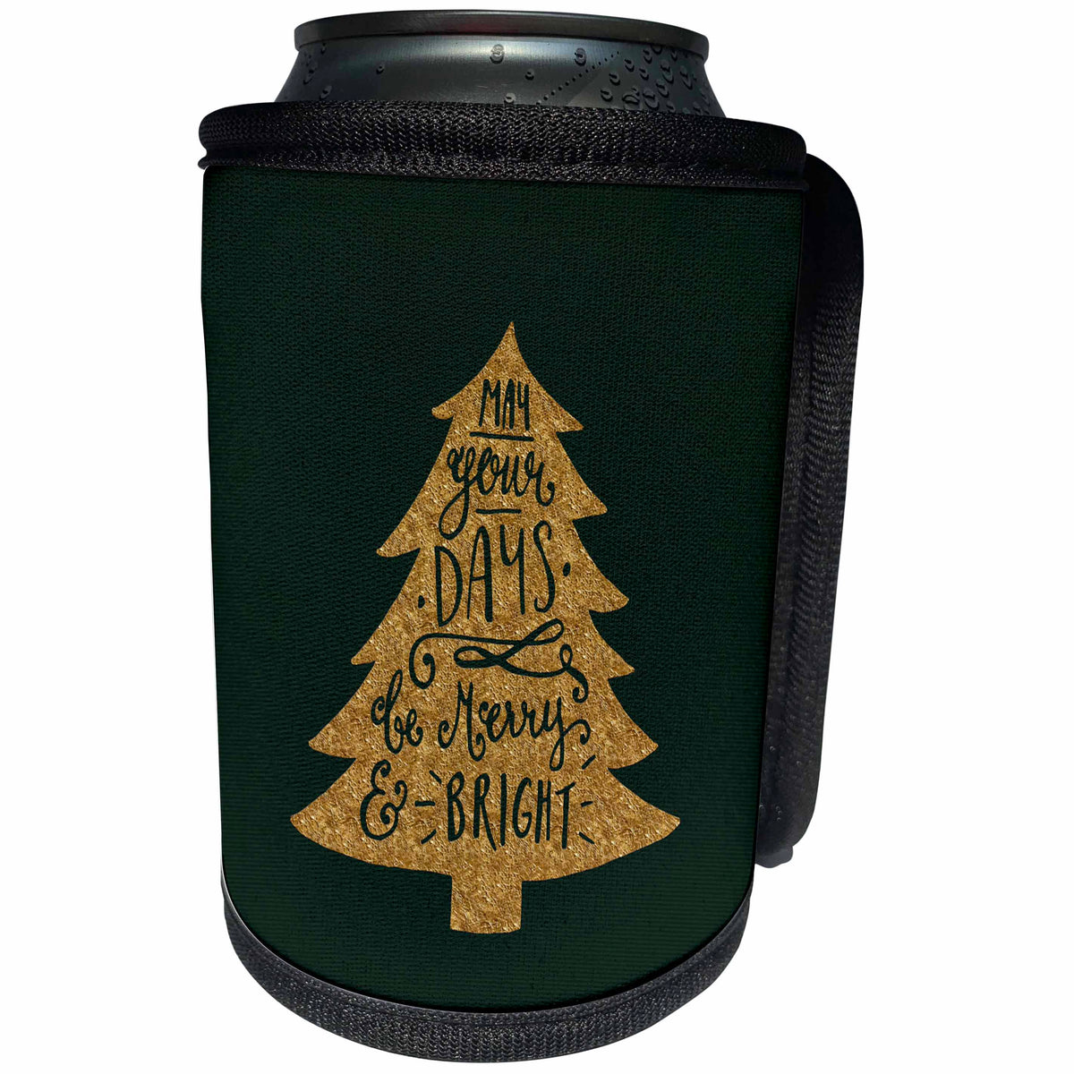 3dRose Uta Naumann Watercolor Merry Christmas - Green and Gold Christmas Tree Ornament Saying-Days Merry and Bright - Can Cooler Bottle Wrap (cc_265431)