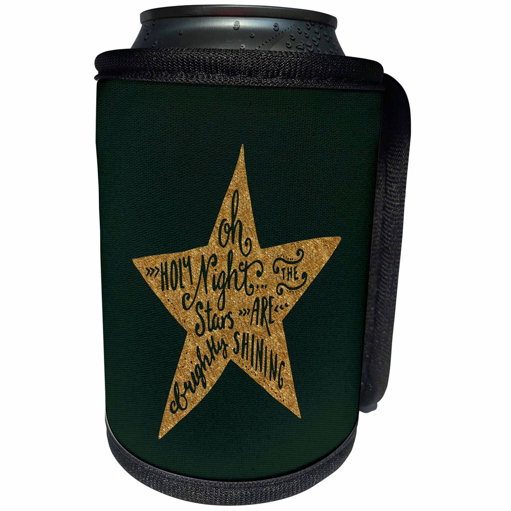 3dRose Uta Naumann Watercolor Merry Christmas - Green and Gold Christmas Star Ornament and Saying-Oh Holy Night - Can Cooler Bottle Wrap (cc_265432)