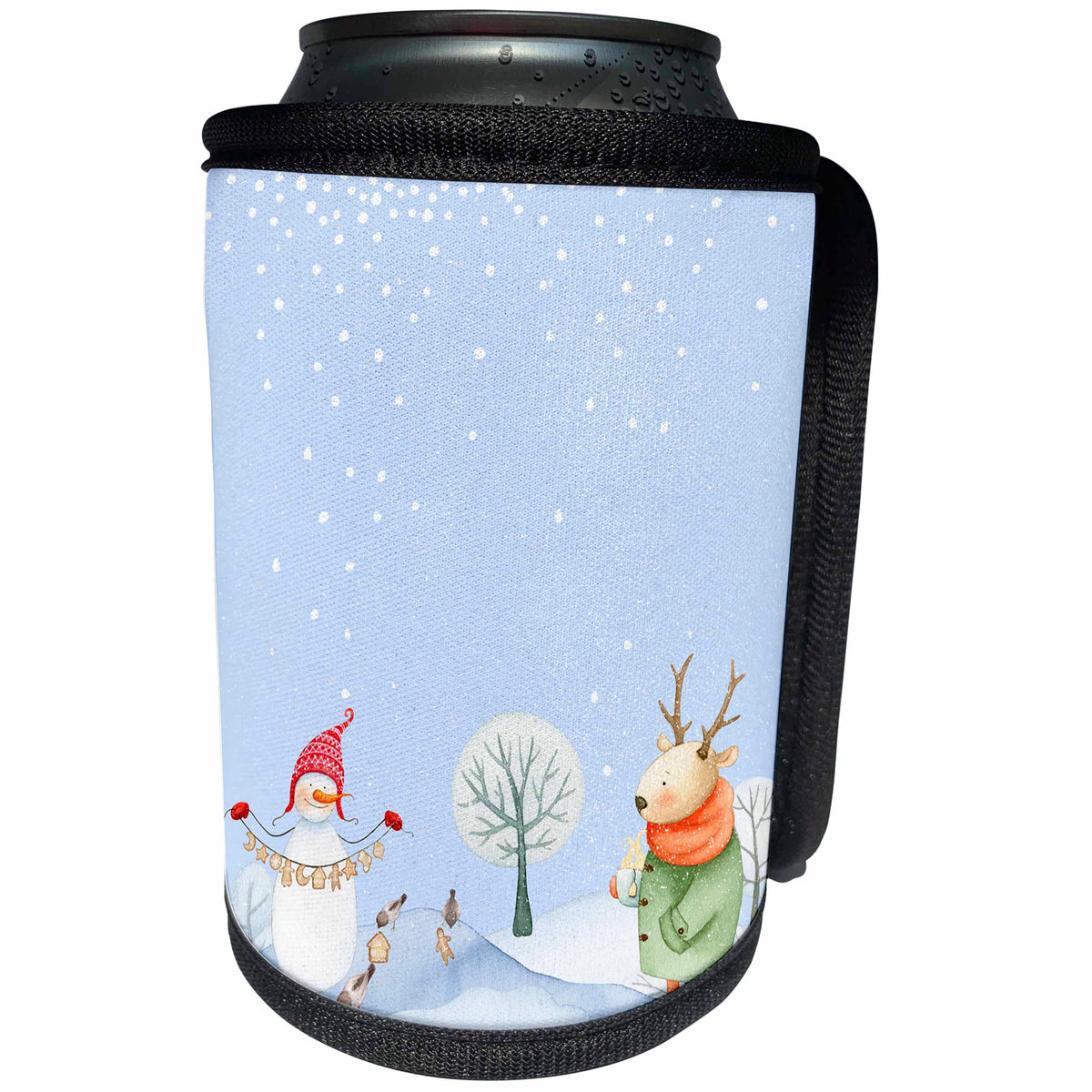 3dRose Uta Naumann Watercolor Merry Christmas - Wintry Animal Illustration with Deer Snowman in Snowy Forest - Can Cooler Bottle Wrap (cc_265439)