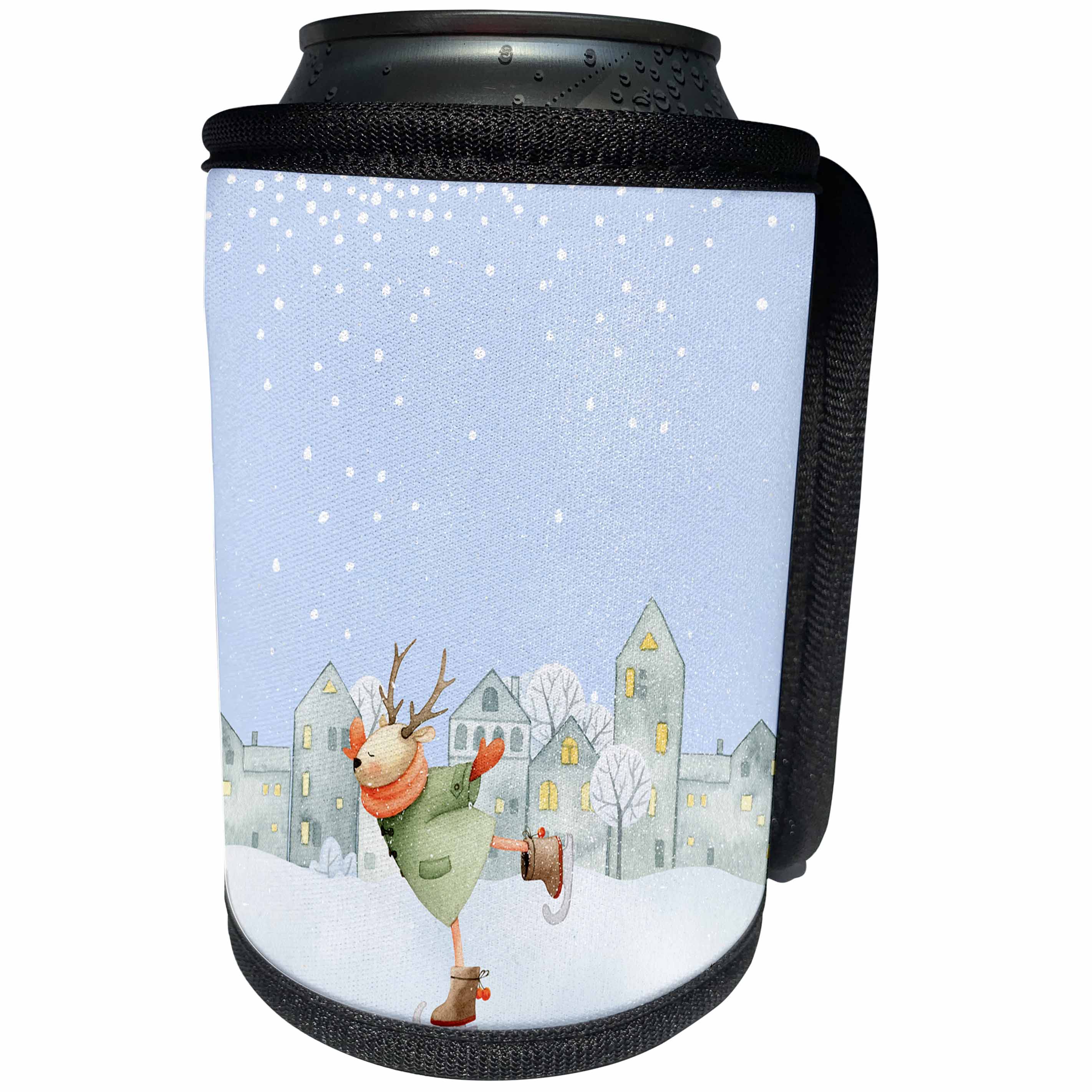 3dRose Uta Naumann Watercolor Merry Christmas - Wintry Animal Illustration with Ice Skating Deer - Can Cooler Bottle Wrap (cc_265440)