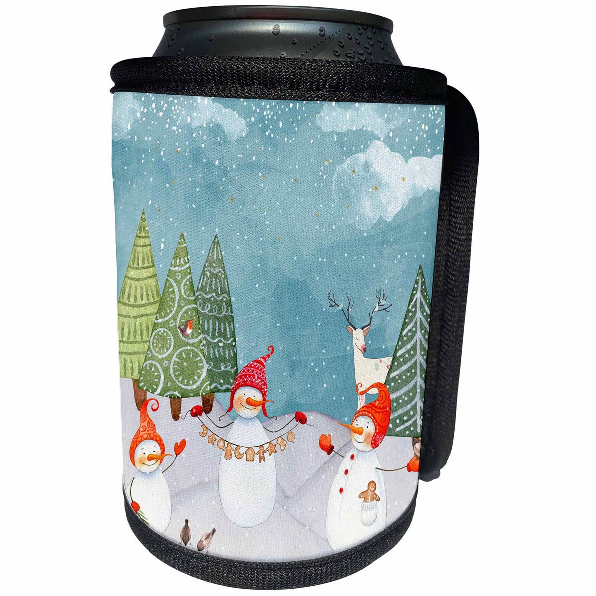 3dRose Uta Naumann Watercolor Merry Christmas - Playing Snowmen in Snowy Winter Forest-Watercolor Illustration - Can Cooler Bottle Wrap (cc_265446)