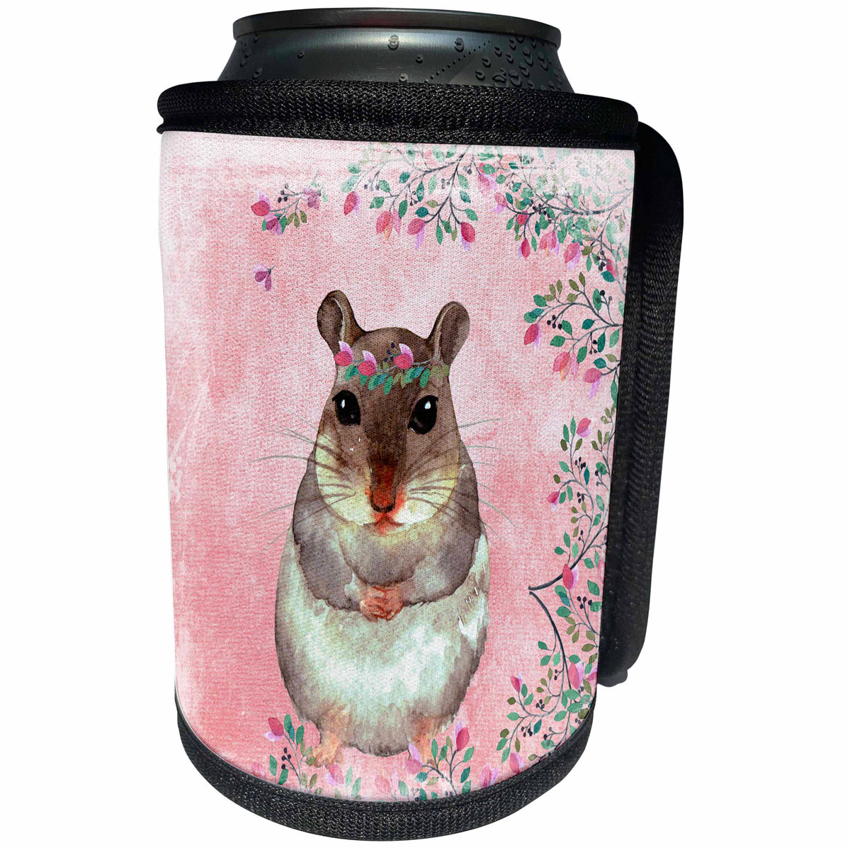 3dRose Uta Naumann Watercolor Animal Illustration - Pink Illustration- Little Animal Hamster Framed with Flowers - Can Cooler Bottle Wrap (cc_265450)