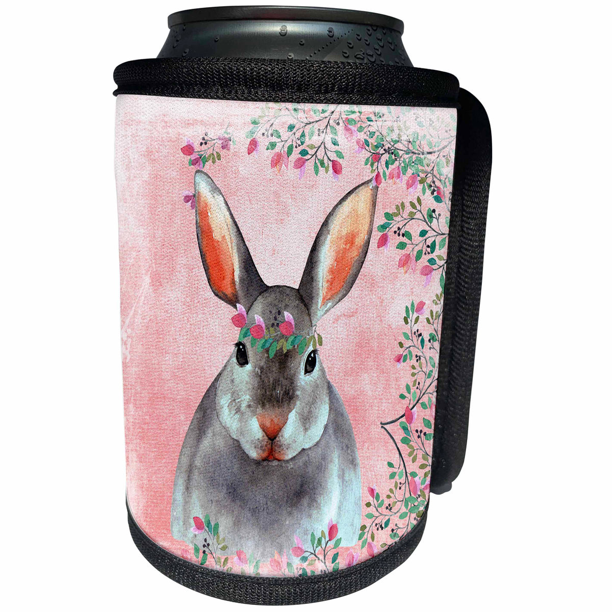 3dRose Uta Naumann Watercolor Animal Illustration - Pink Illustration- Little Animal Bunny Framed with Flowers - Can Cooler Bottle Wrap (cc_265451)