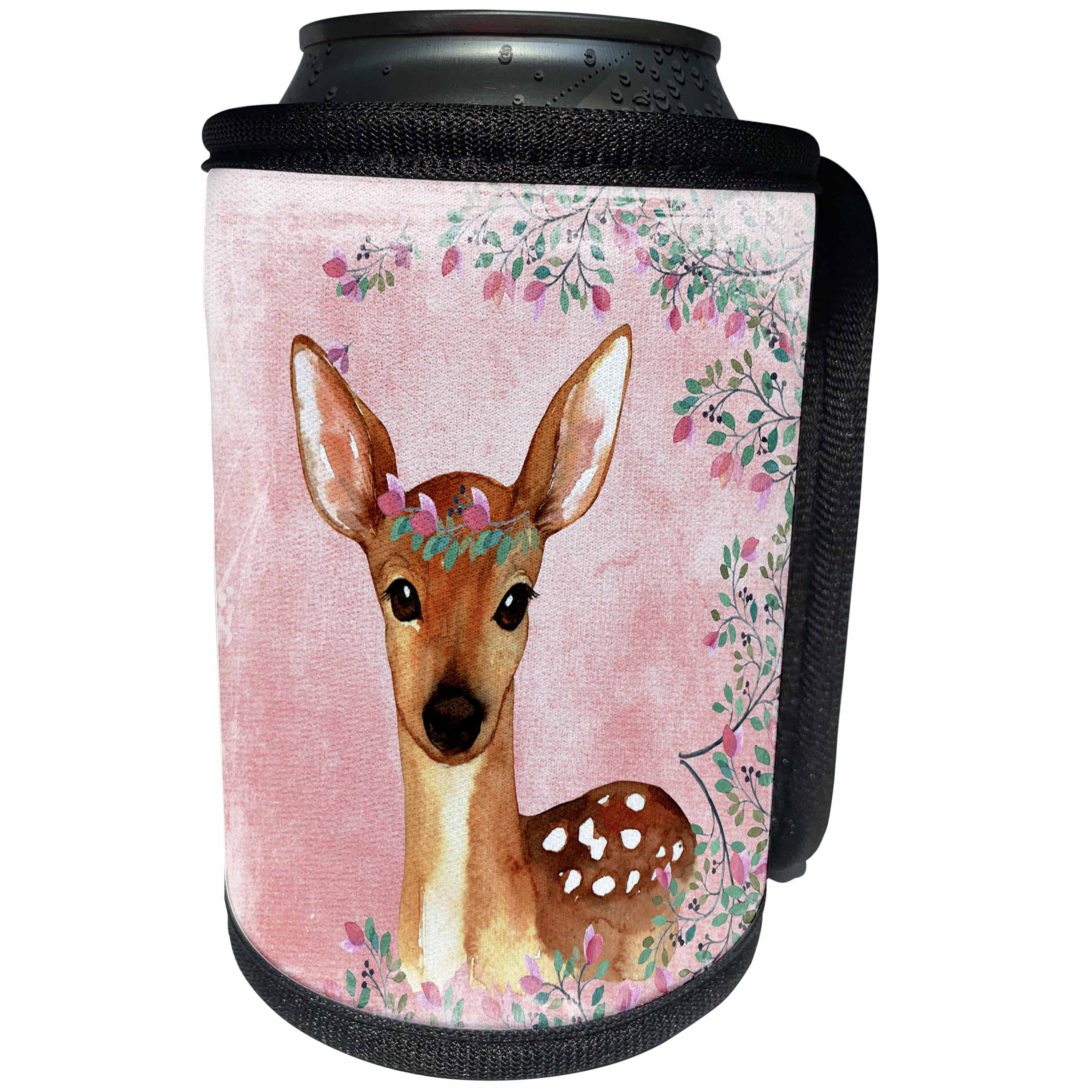 3dRose Uta Naumann Watercolor Animal Illustration - Pink Illustration- Little Animal Wild Deer Framed with Flowers - Can Cooler Bottle Wrap (cc_265455)