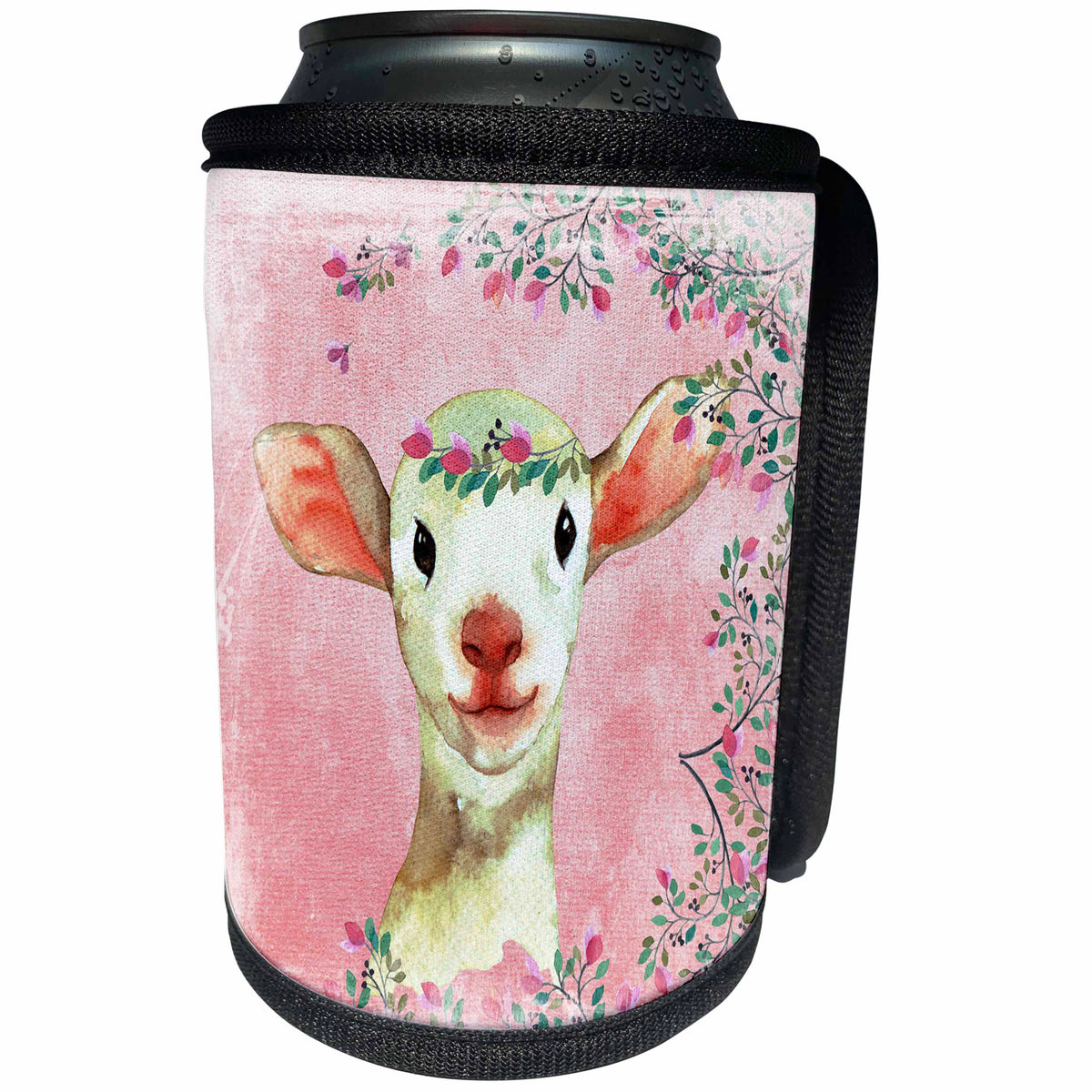 3dRose Uta Naumann Watercolor Animal Illustration - Pink Illustration- Little Animal Sheep Framed with Flowers - Can Cooler Bottle Wrap (cc_265456)