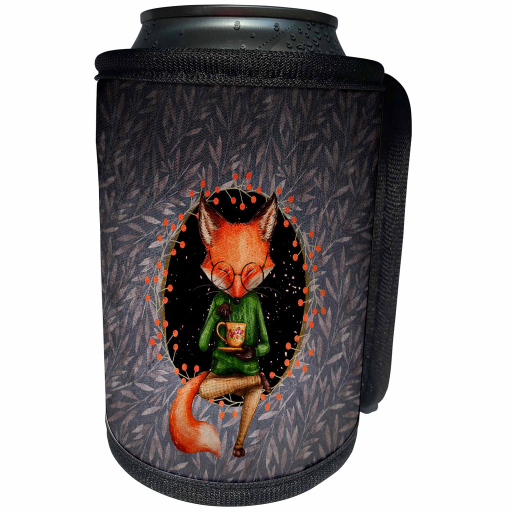 3dRose Uta Naumann Watercolor Animal Illustration - Illustration- Animal Wise Fox is Drinking Tea in Hollow at Night - Can Cooler Bottle Wrap (cc_265458)