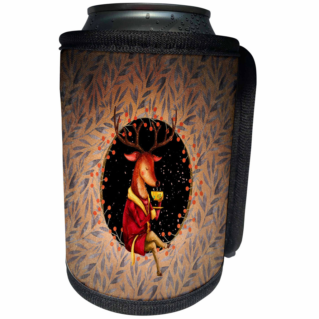 3dRose Uta Naumann Watercolor Animal Illustration - Illustration- Animal Pretty Deer is Drinking Tea in Hollow at Night - Can Cooler Bottle Wrap (cc_265459)
