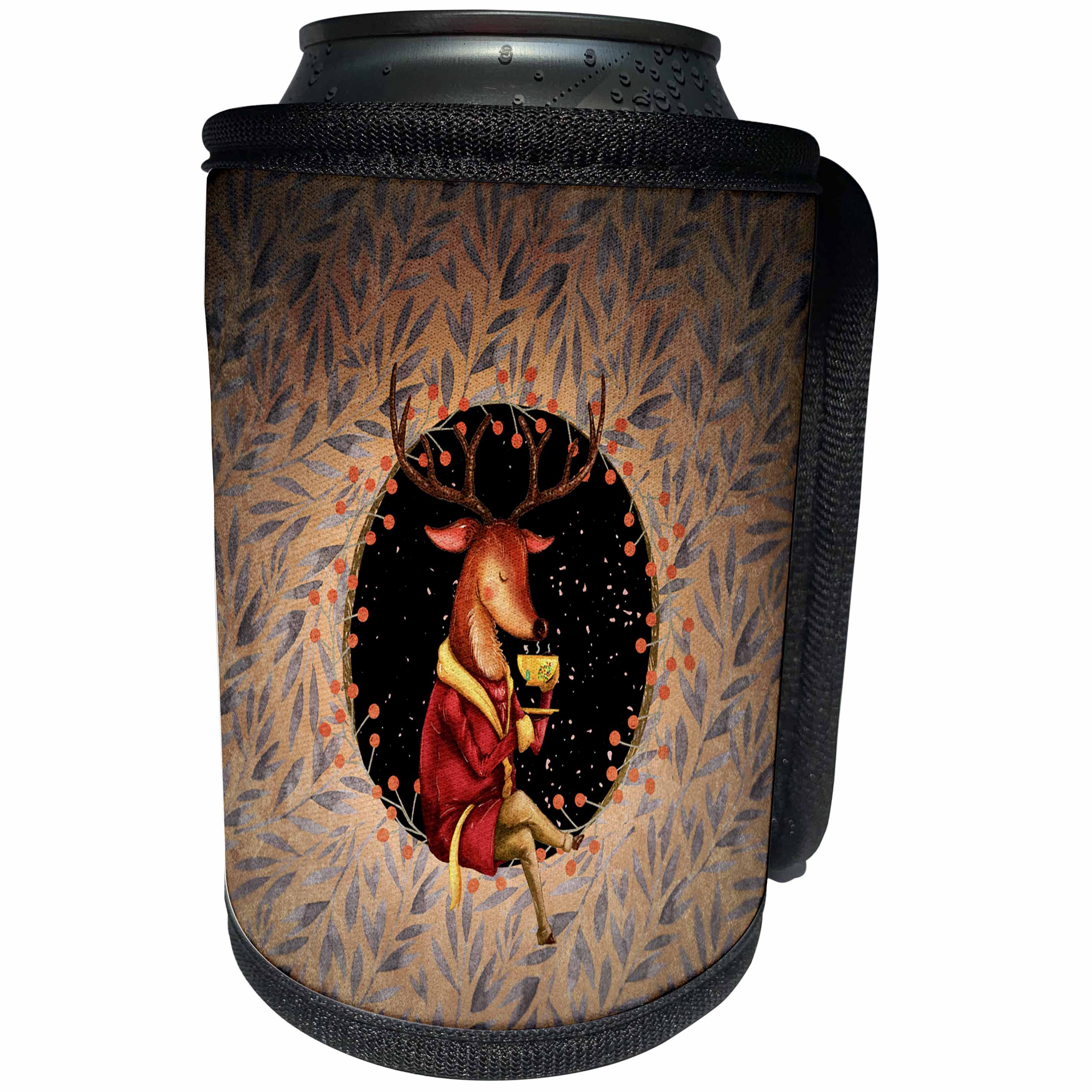 3dRose Uta Naumann Watercolor Animal Illustration - Illustration- Animal Pretty Deer is Drinking Tea in Hollow at Night - Can Cooler Bottle Wrap (cc_265459)