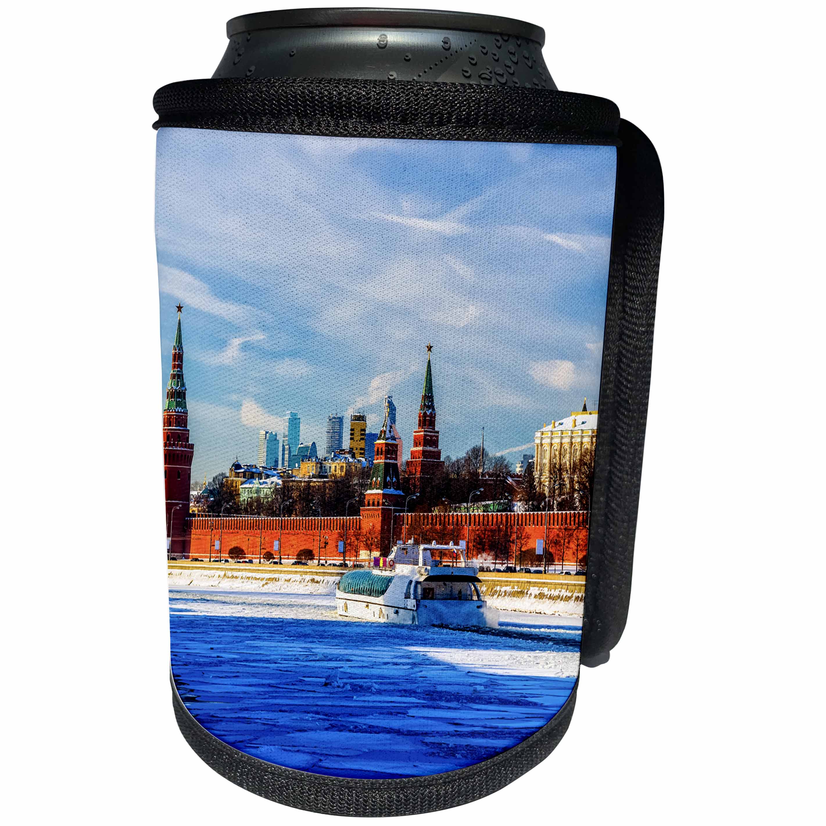 3dRose Alexis Photography - Moscow Kremlin - Leisure boat passes by the Kremlin in winter - Can Cooler Bottle Wrap (cc_265507)