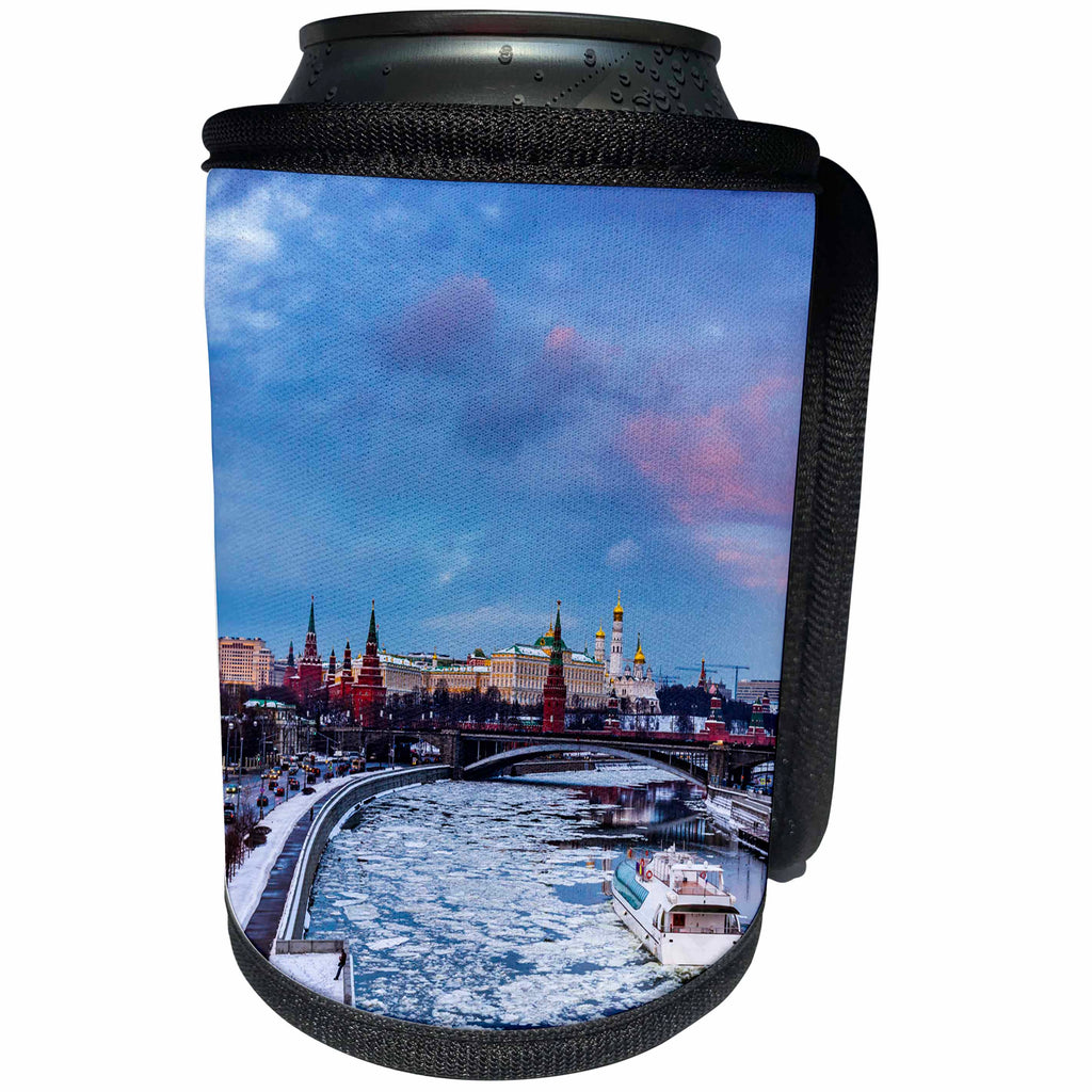 3dRose Alexis Photography - Moscow Kremlin - Moscow Kremlin, river, tourist boat, winter evening - Can Cooler Bottle Wrap (cc_265508)