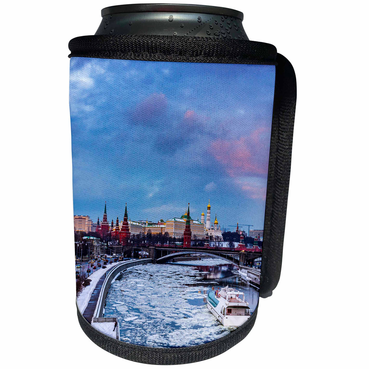 3dRose Alexis Photography - Moscow Kremlin - Moscow Kremlin, river, tourist boat, winter evening - Can Cooler Bottle Wrap (cc_265508)